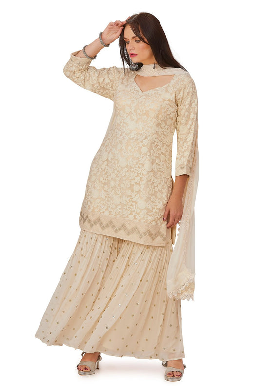 Ivory White Satin Embroidered Gharara Set-AariAmi Boutique