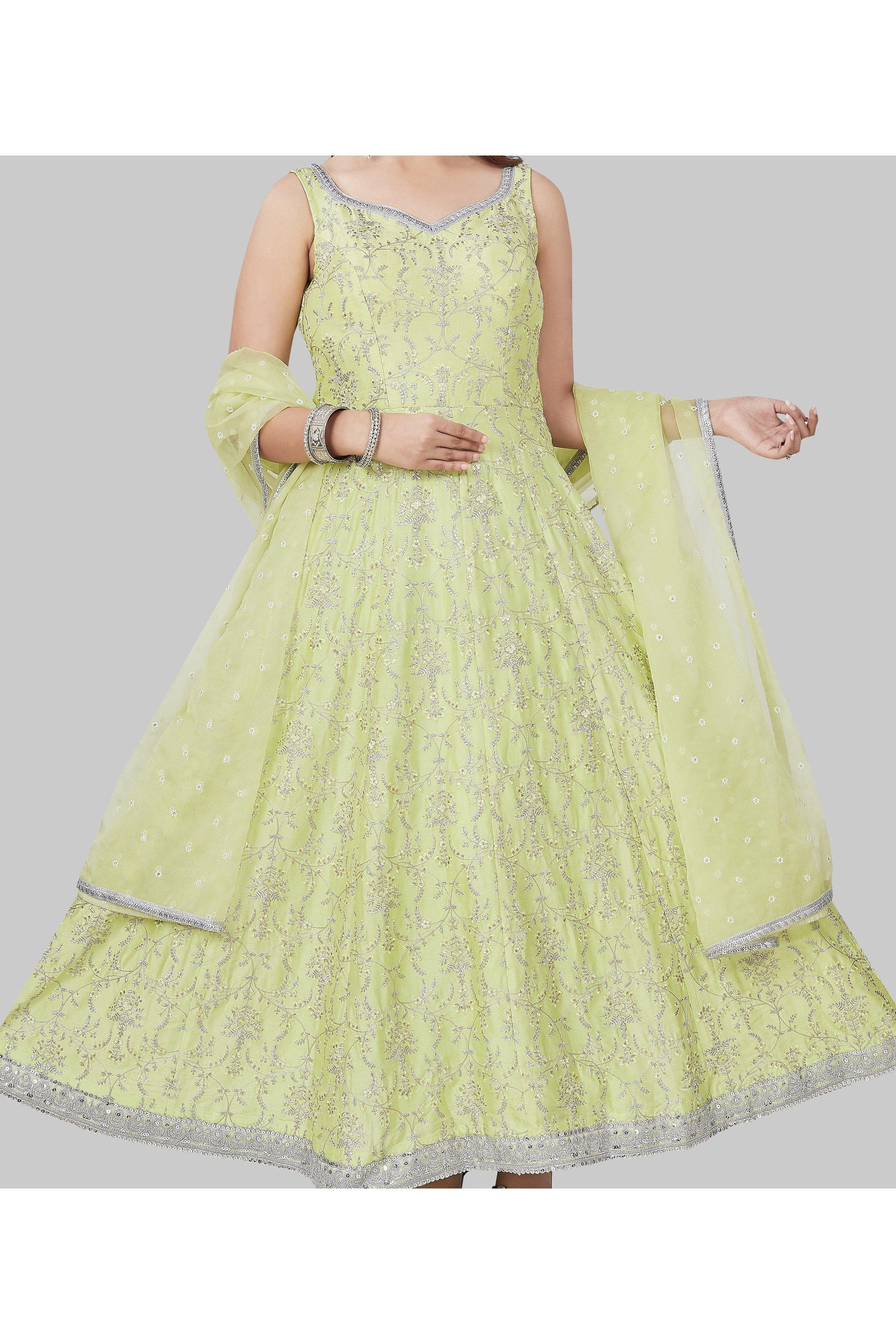 Lime Green with Silver Embroidery Anarkali Set-AariAmi Boutique