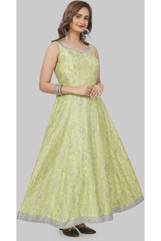 Lime Green with Silver Embroidery Anarkali Set-AariAmi Boutique