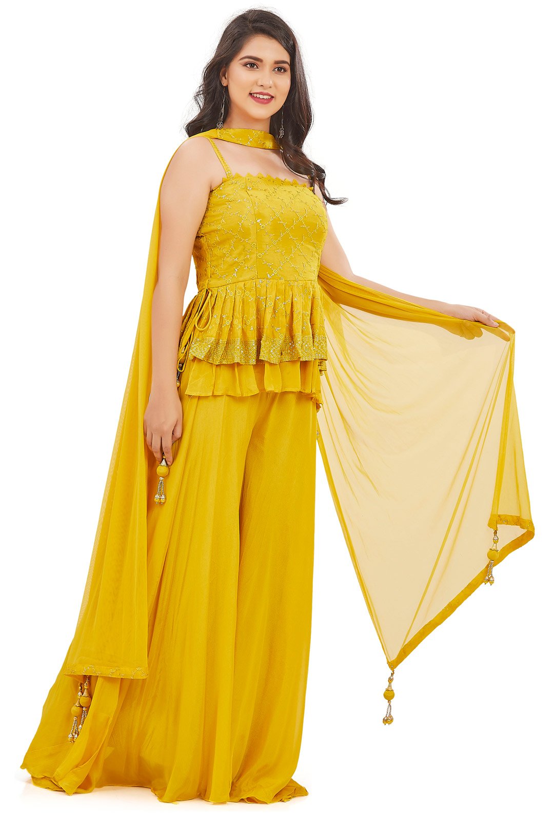 Luminous Layered Yellow Peplum Top Palazzo Set-AariAmi Boutique