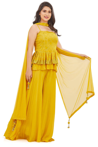 Luminous Layered Yellow Peplum Top Palazzo Set-AariAmi Boutique