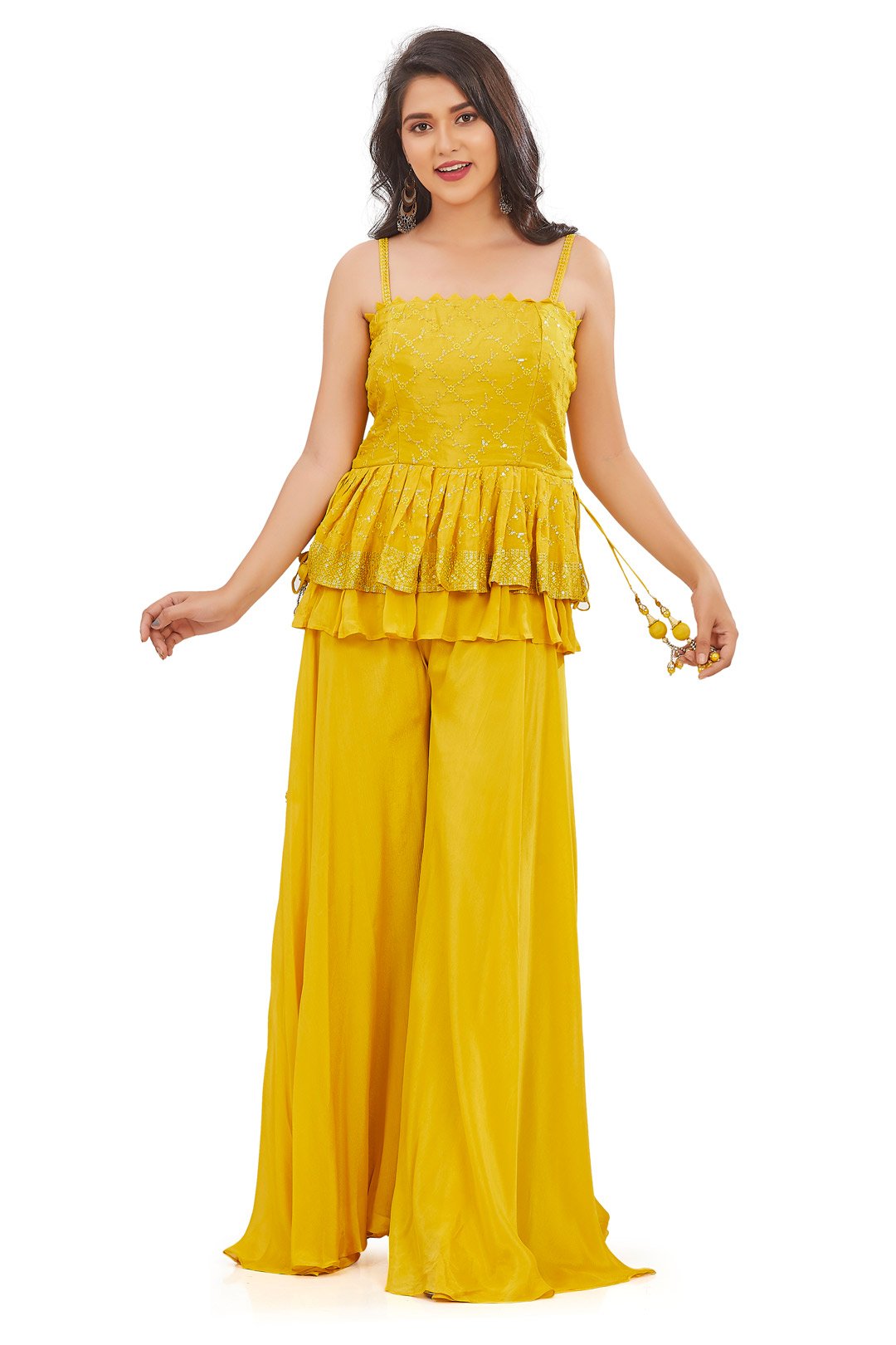 Luminous Layered Yellow Peplum Top Palazzo Set-AariAmi Boutique