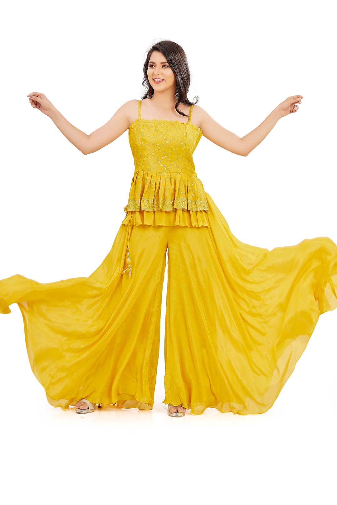 Luminous Layered Yellow Peplum Top Palazzo Set-AariAmi Boutique