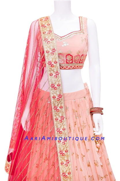Luscious Peach Lehenga Set with Red Dupatta-AariAmi Boutique