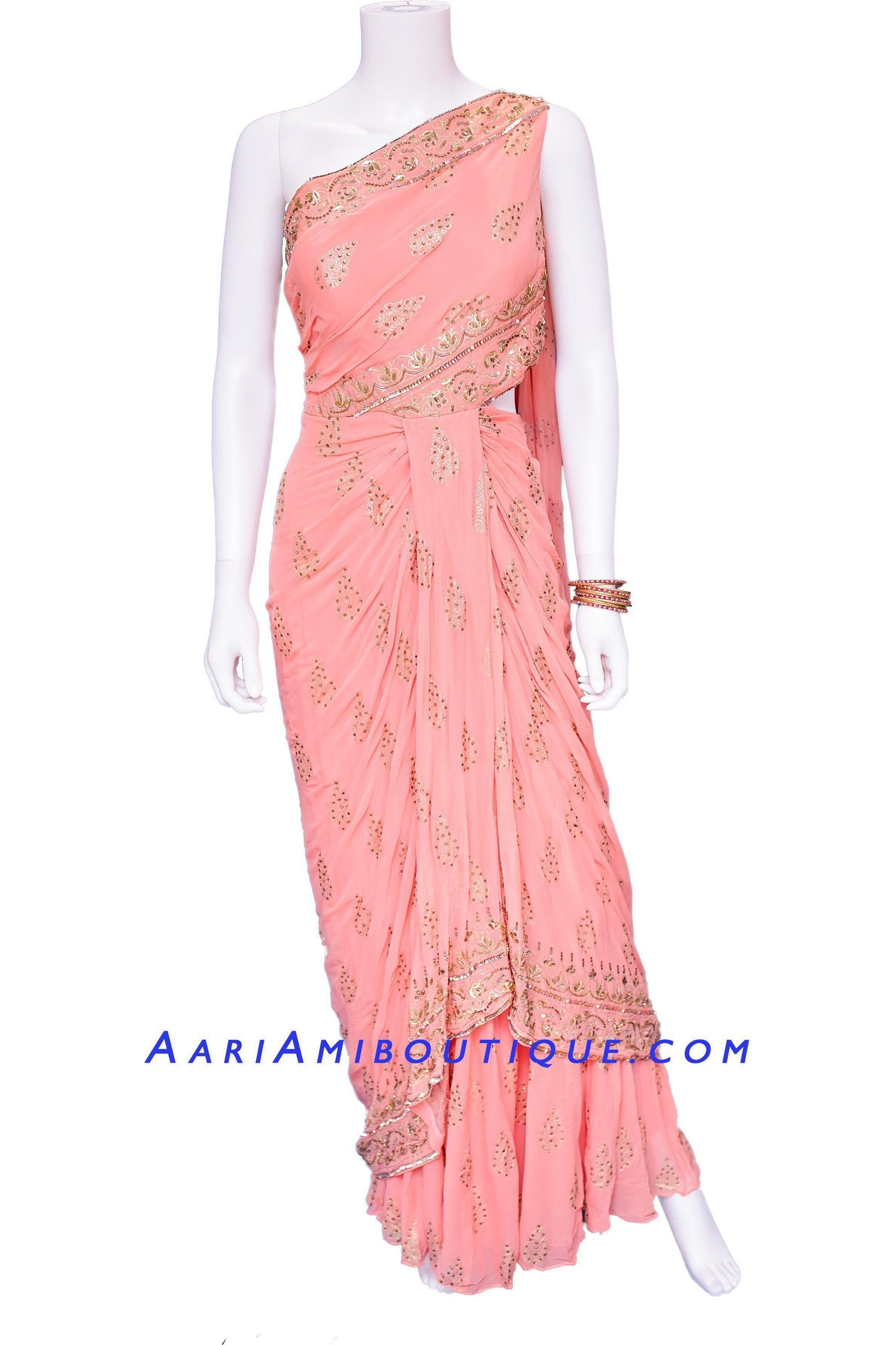 Lush Peach Saree-drape pattern dupatta Anarkali Set-AariAmi Boutique