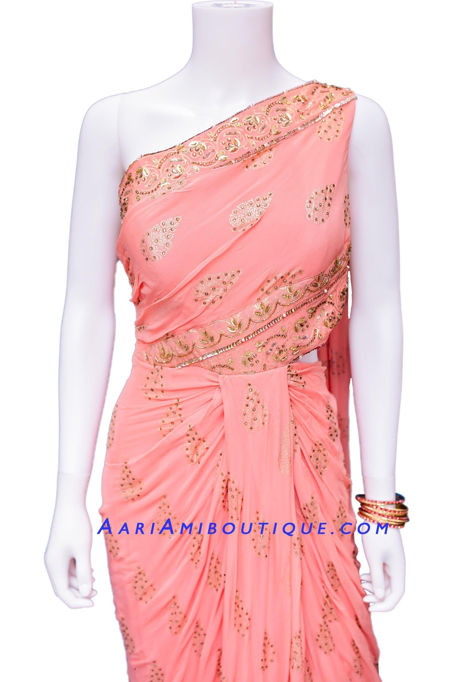 Lush Peach Saree-drape pattern dupatta Anarkali Set-AariAmi Boutique