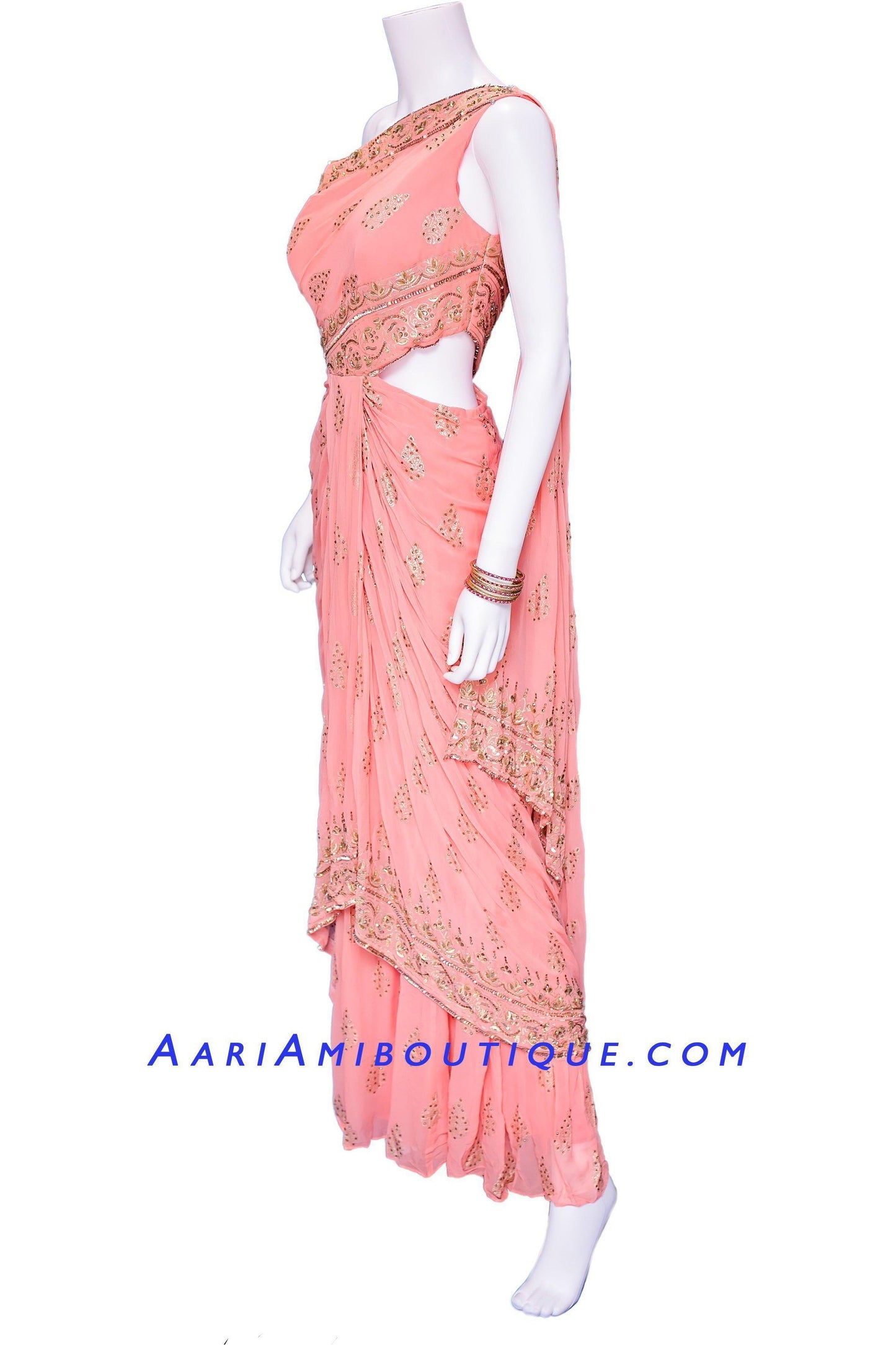 Lush Peach Saree-drape pattern dupatta Anarkali Set-AariAmi Boutique