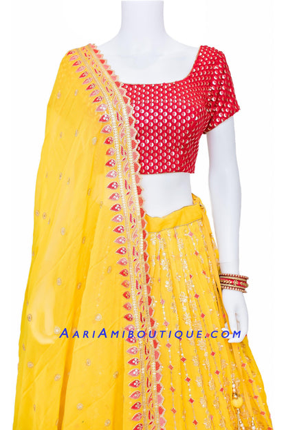 Lustrous Red and Yellow Scallop Border Lehenga Set-AariAmi Boutique