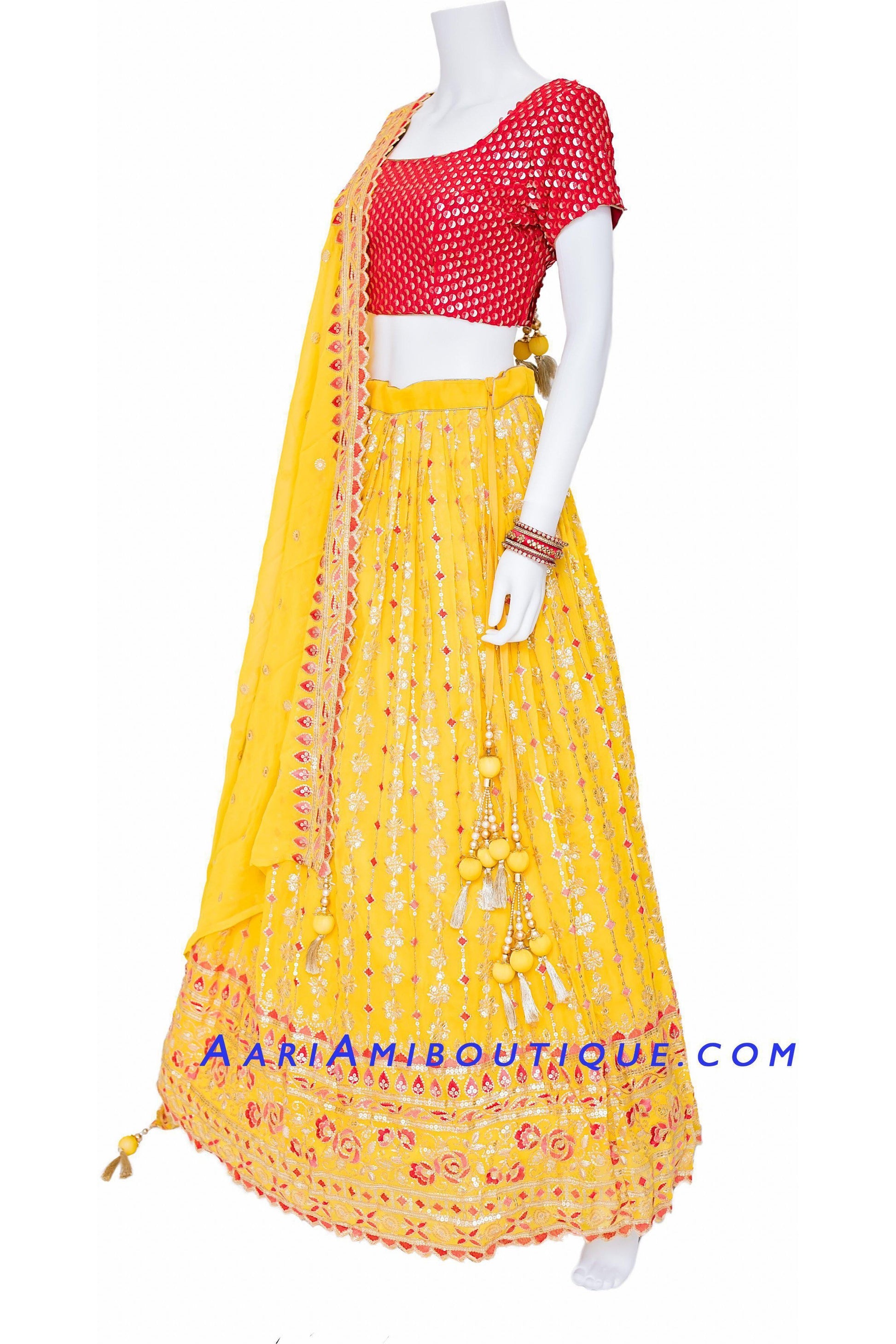 Lustrous Red and Yellow Scallop Border Lehenga Set-AariAmi Boutique