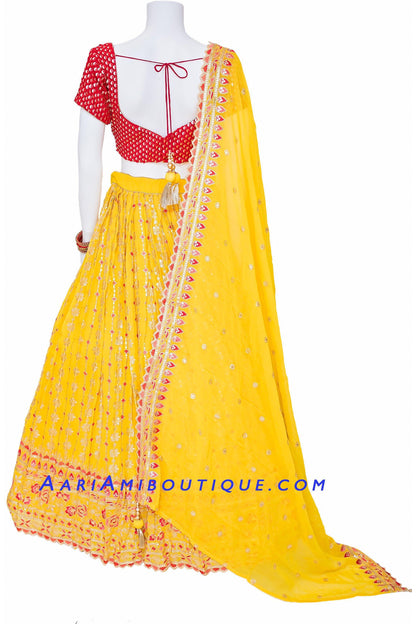 Lustrous Red and Yellow Scallop Border Lehenga Set-AariAmi Boutique