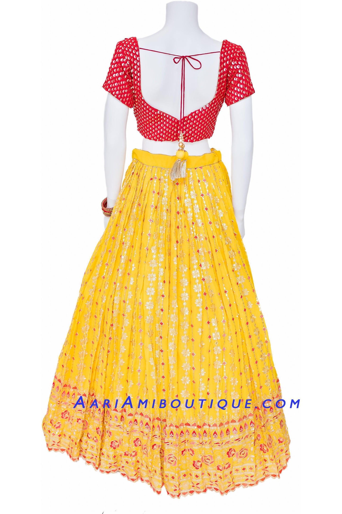 Lustrous Red and Yellow Scallop Border Lehenga Set-AariAmi Boutique