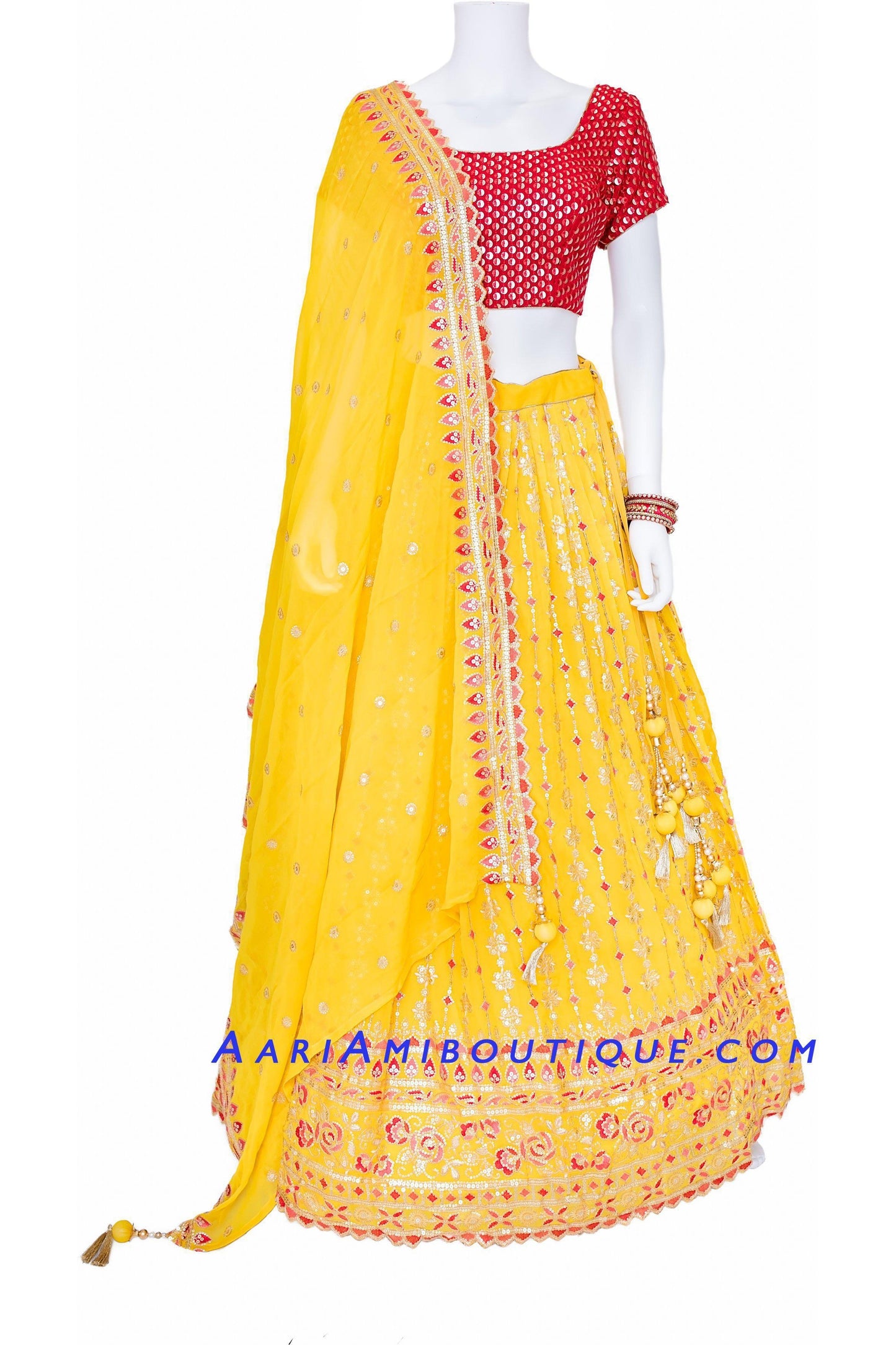 Lustrous Red and Yellow Scallop Border Lehenga Set-AariAmi Boutique