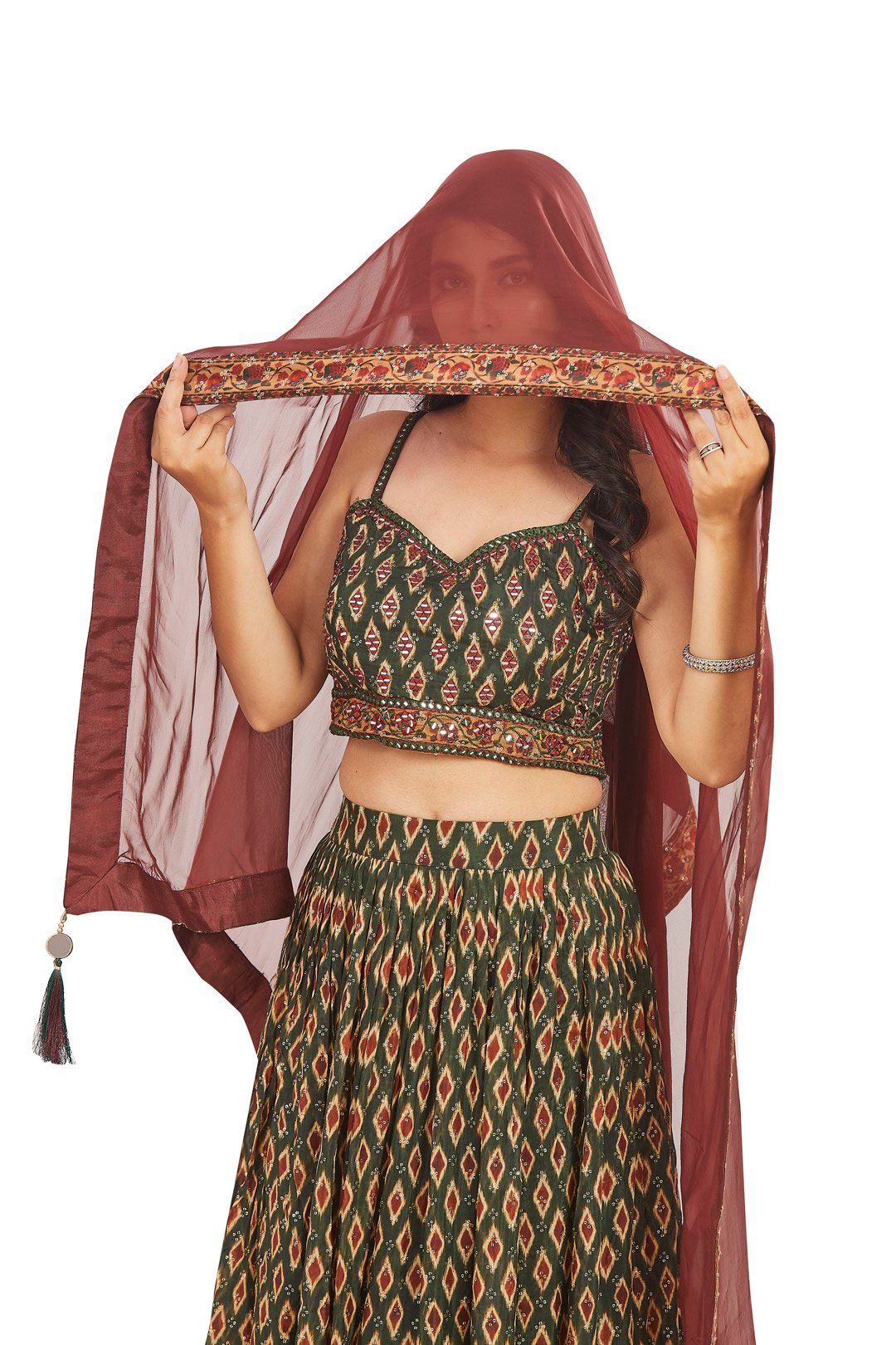 Magnificent Green and Red Mirrorwork Chaniya Choli Set-AariAmi Boutique