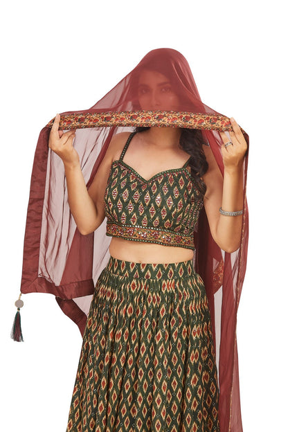 Magnificent Green and Red Mirrorwork Chaniya Choli Set-AariAmi Boutique
