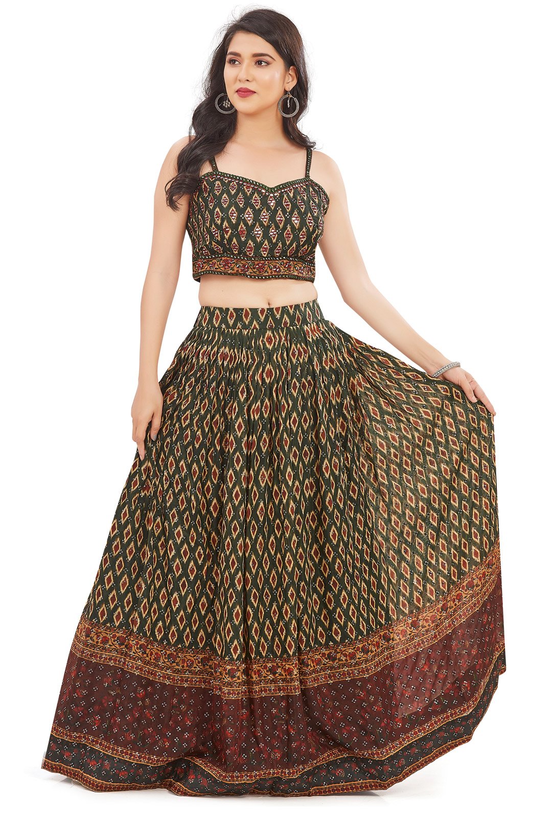 Magnificent Green and Red Mirrorwork Chaniya Choli Set-AariAmi Boutique