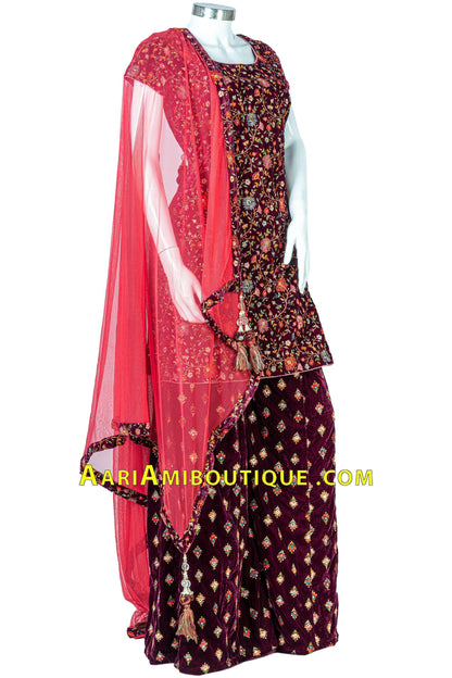 Magnificent Maroon intricate embroidery work velvet Palazzo Set-AariAmi Boutique