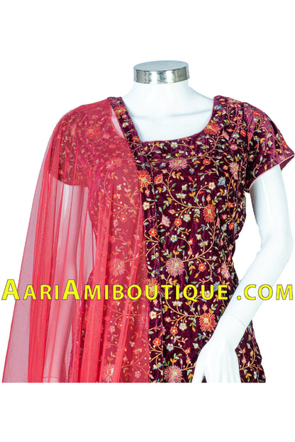 Magnificent Maroon intricate embroidery work velvet Palazzo Set-AariAmi Boutique