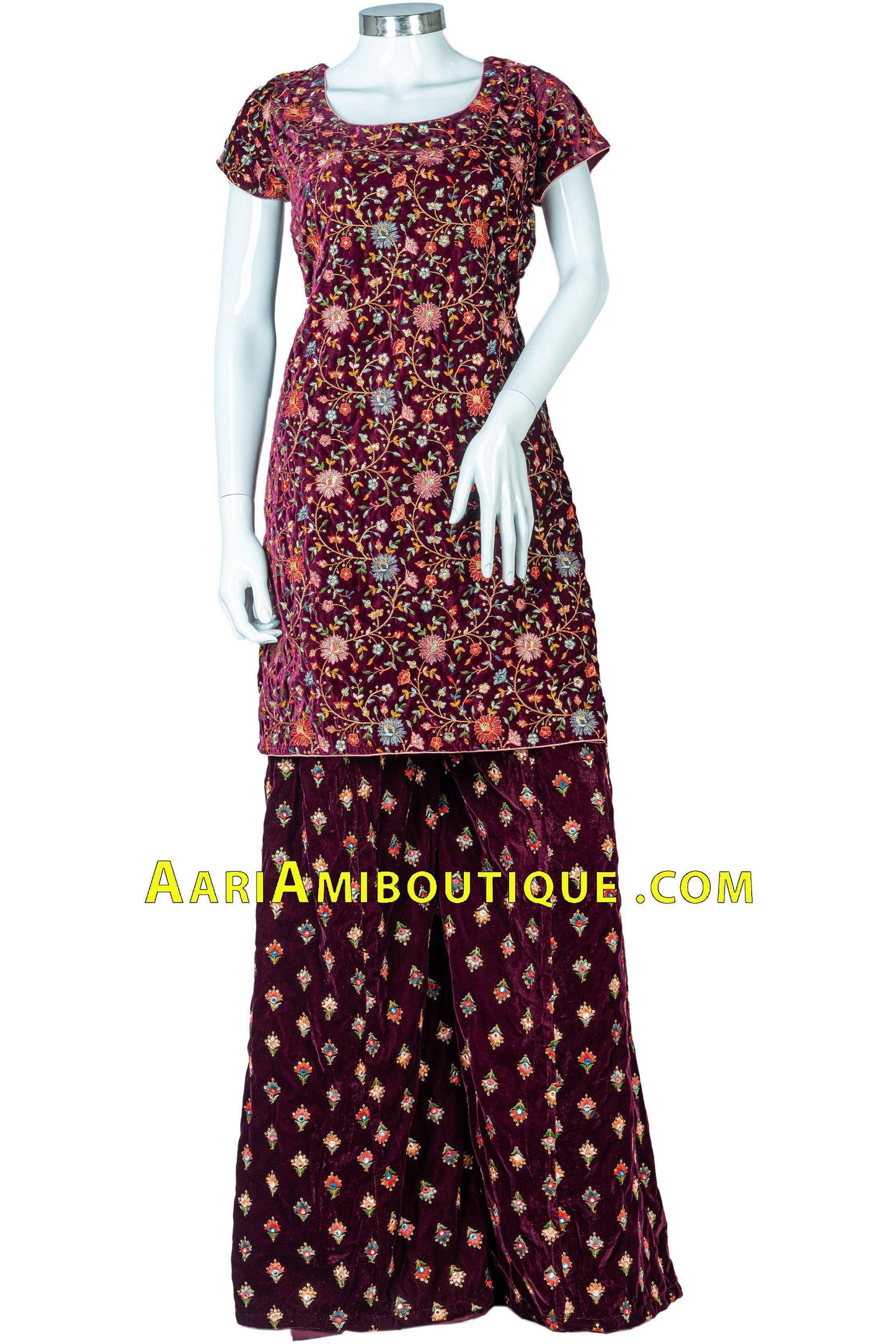 Magnificent Maroon intricate embroidery work velvet Palazzo Set-AariAmi Boutique