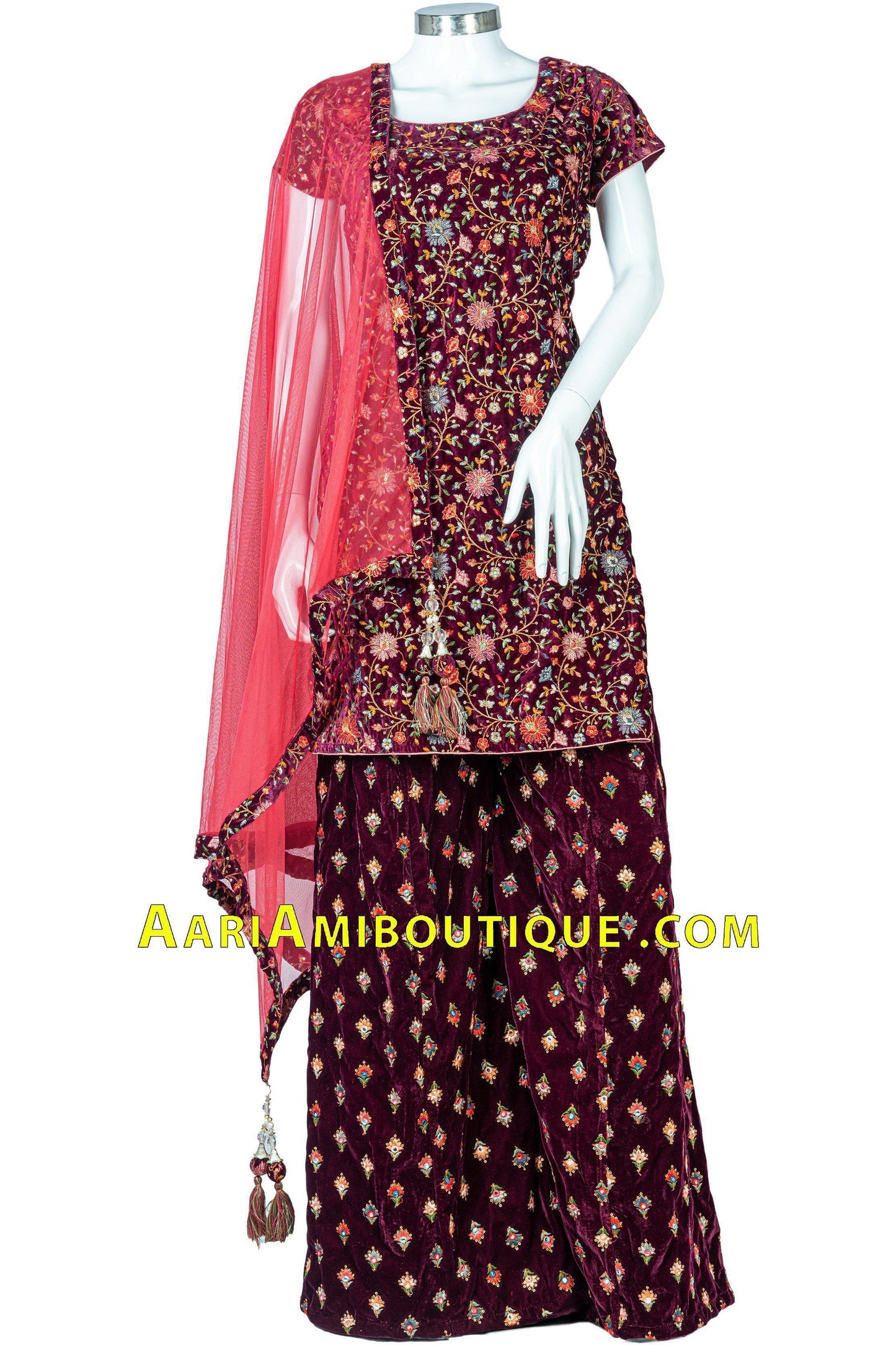 Magnificent Maroon intricate embroidery work velvet Palazzo Set-AariAmi Boutique