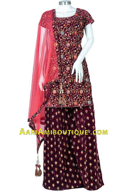 Magnificent Maroon intricate embroidery work velvet Palazzo Set-AariAmi Boutique