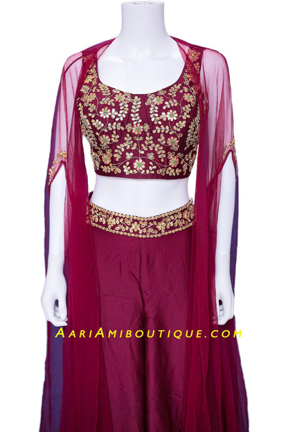 Maroon Chanderi Silk Palazzo Set with Cape-AariAmi Boutique