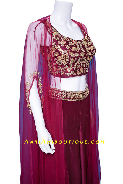 Maroon Chanderi Silk Palazzo Set with Cape-AariAmi Boutique