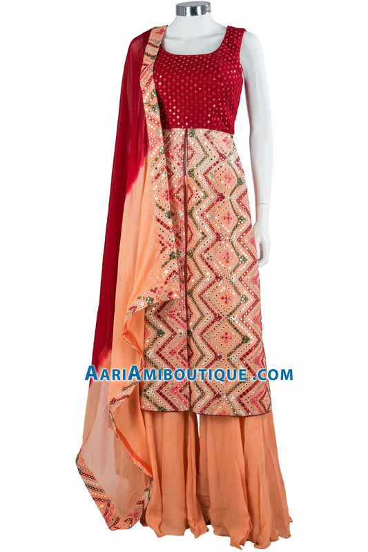 Maroon and Peach Mirrorwork Palazzo Set-AariAmi Boutique