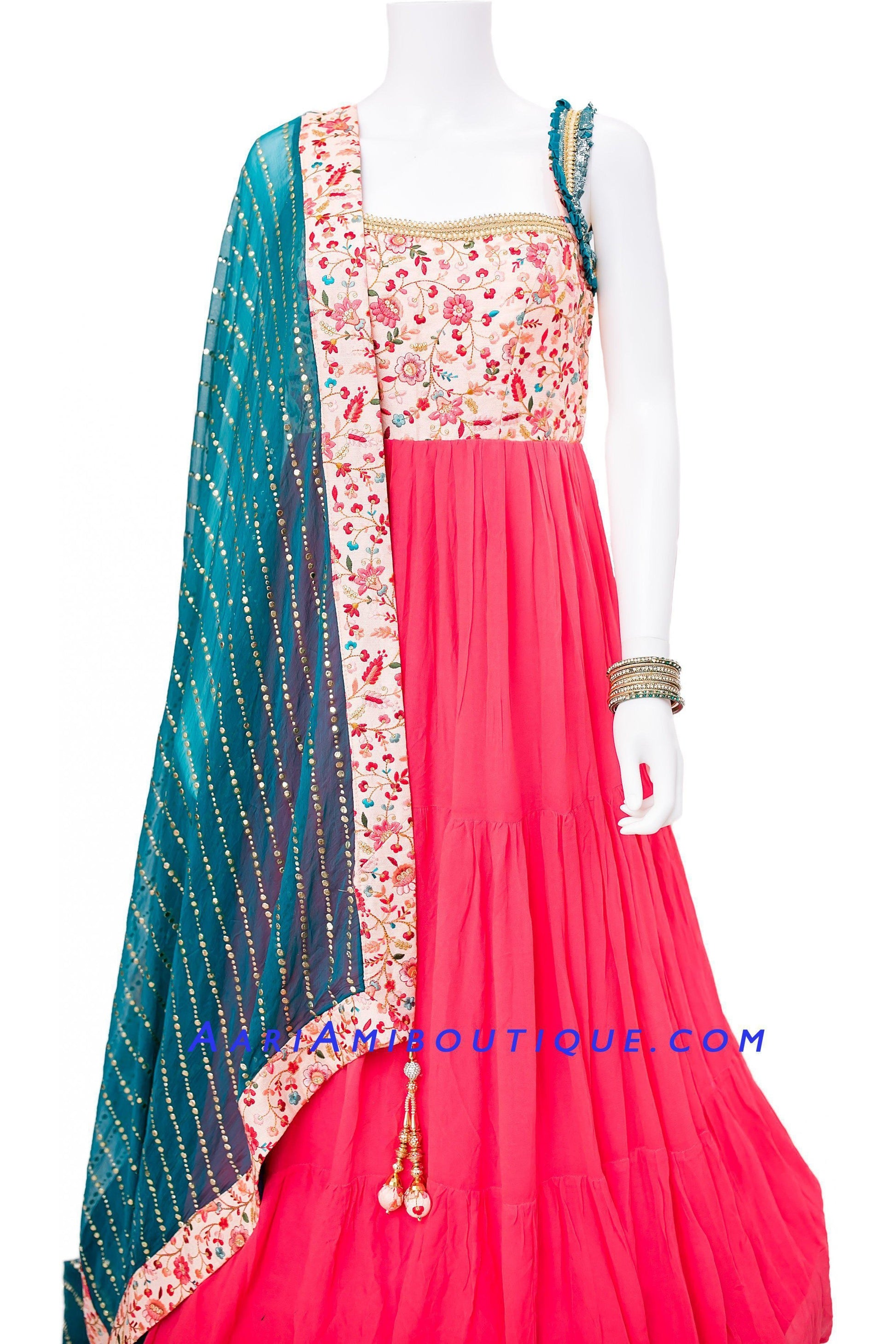Mesmerizing Coral Pink Georgette Anarkali Set-AariAmi Boutique