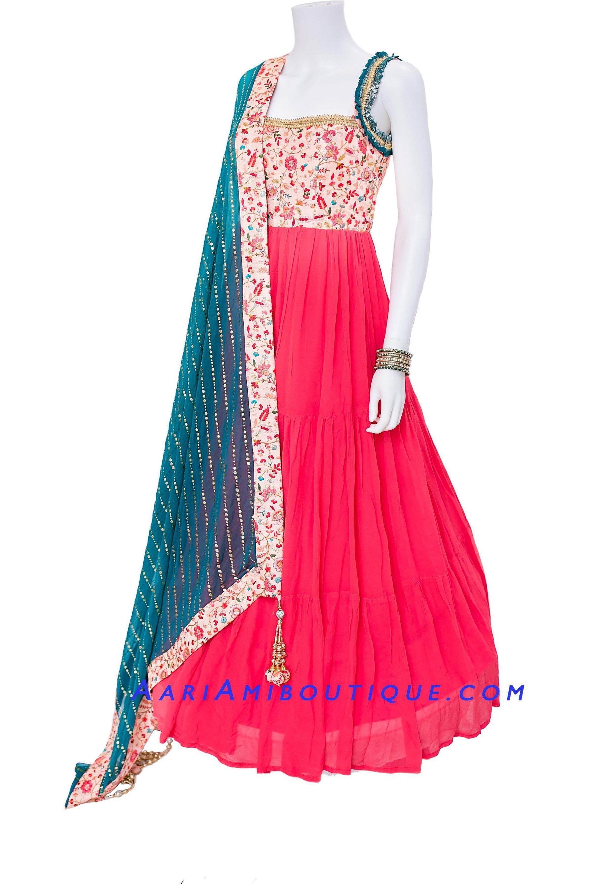 Mesmerizing Coral Pink Georgette Anarkali Set-AariAmi Boutique