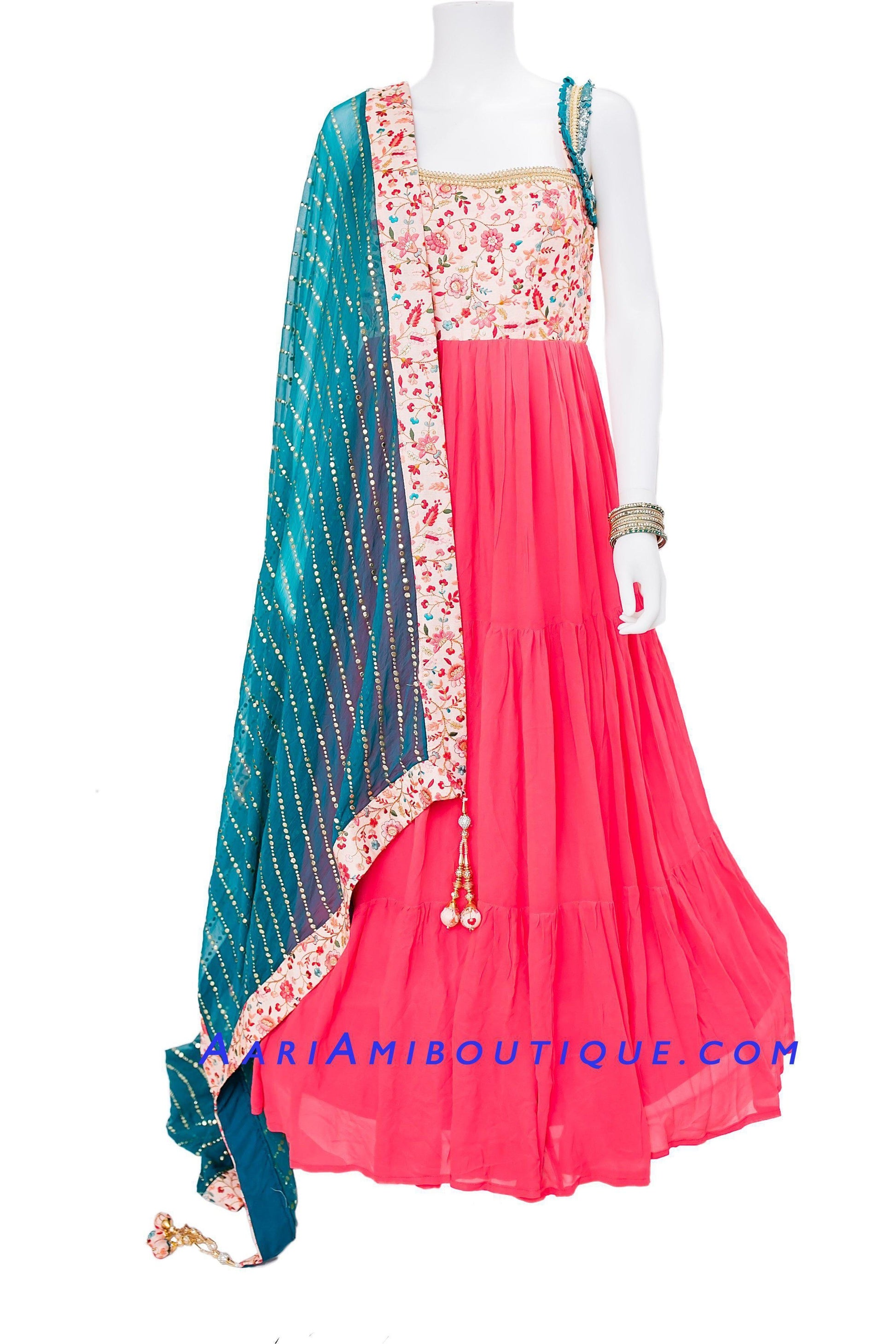Mesmerizing Coral Pink Georgette Anarkali Set-AariAmi Boutique