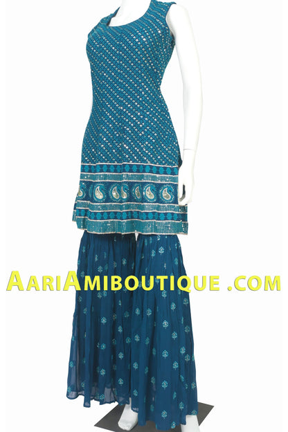 Midnight Blue Lucknowi Embroidered Gharara Set-AariAmi Boutique