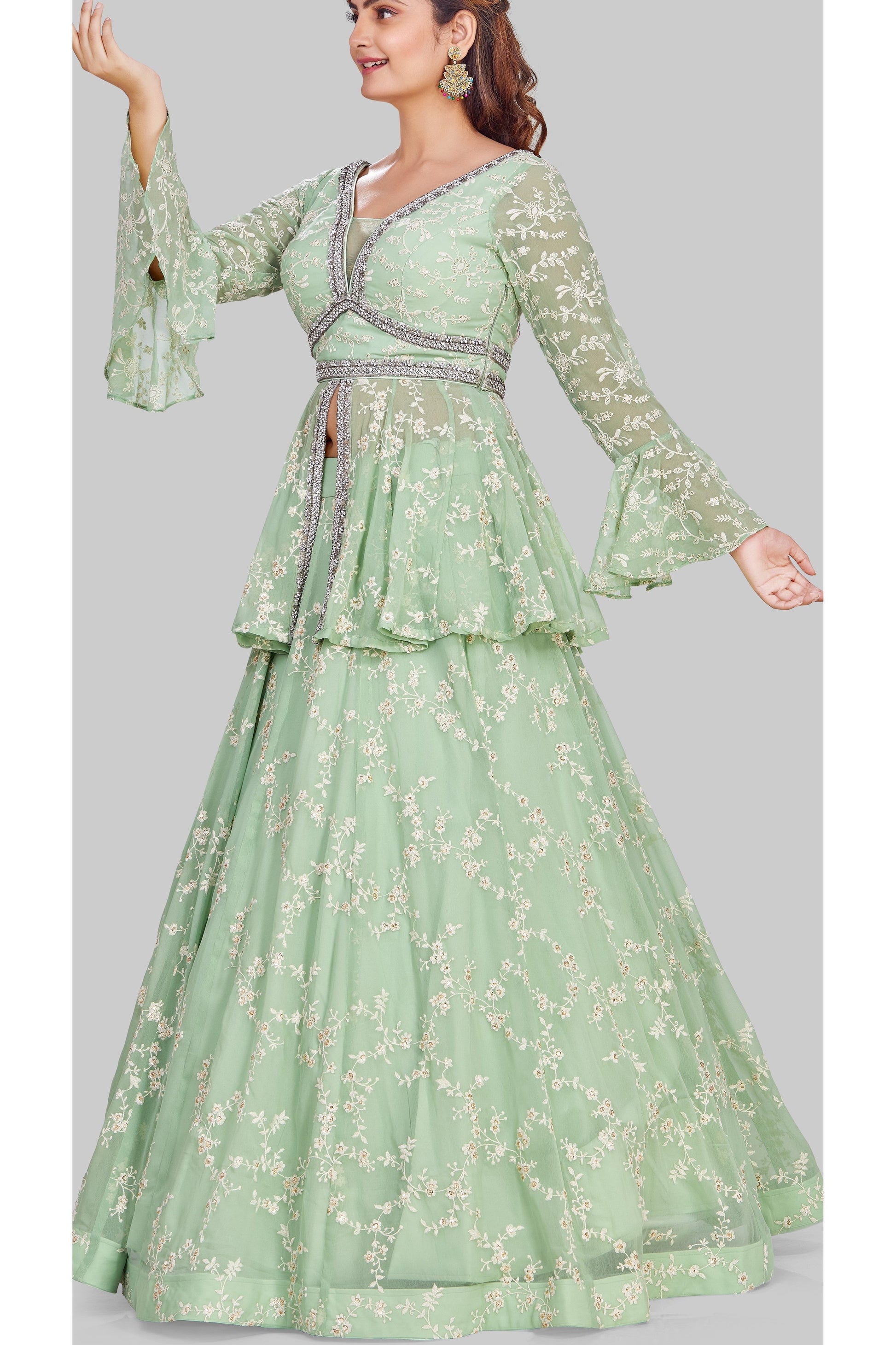 Mint Green Peplum Long Top Lehenga Set-AariAmi Boutique