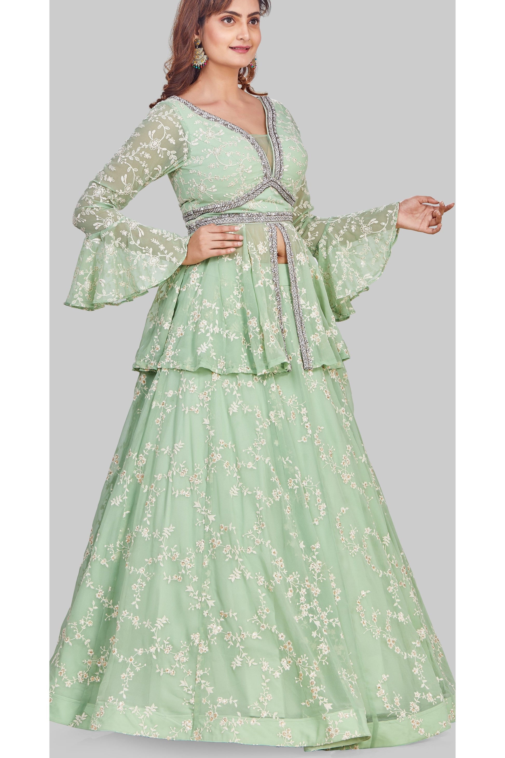 Mint Green Peplum Long Top Lehenga Set-AariAmi Boutique