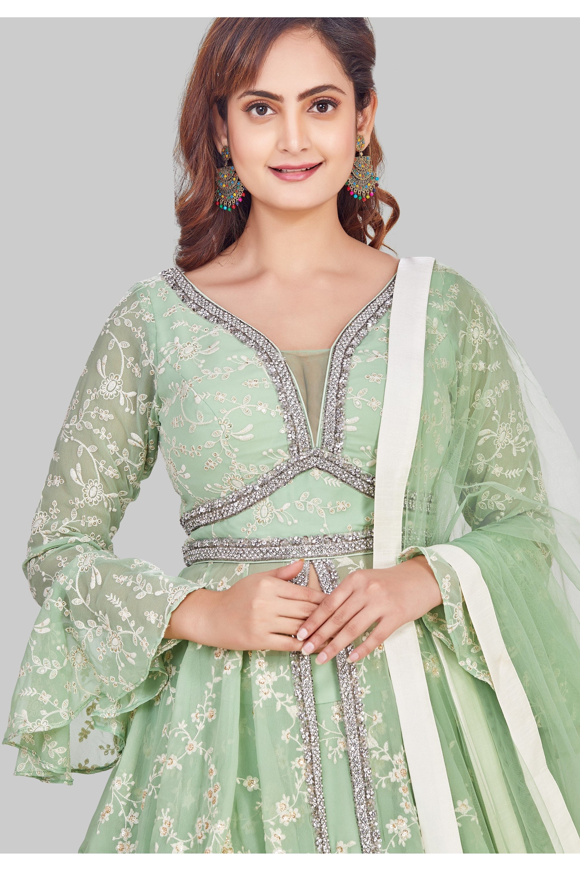 Mint Green Peplum Long Top Lehenga Set-AariAmi Boutique