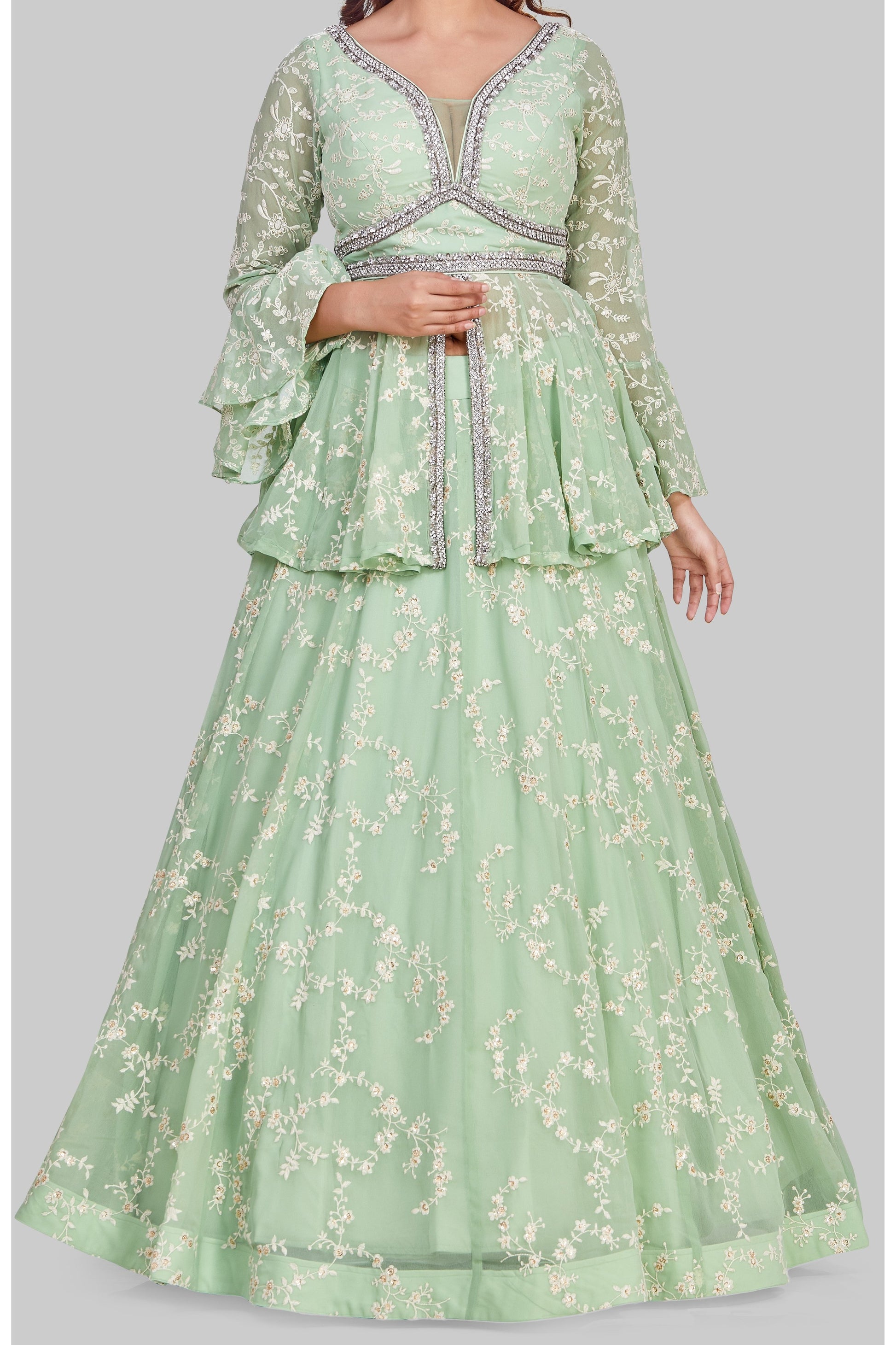 Mint Green Peplum Long Top Lehenga Set-AariAmi Boutique