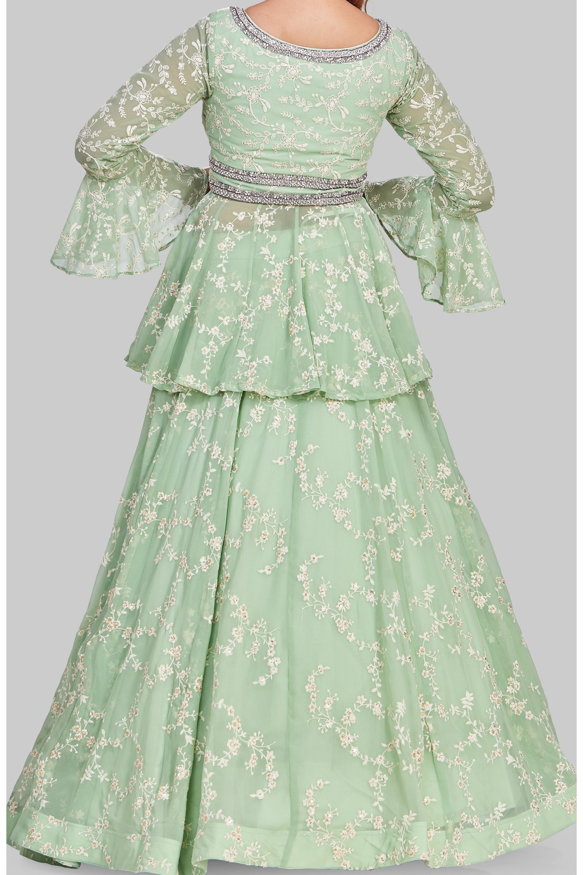 Mint Green Peplum Long Top Lehenga Set-AariAmi Boutique