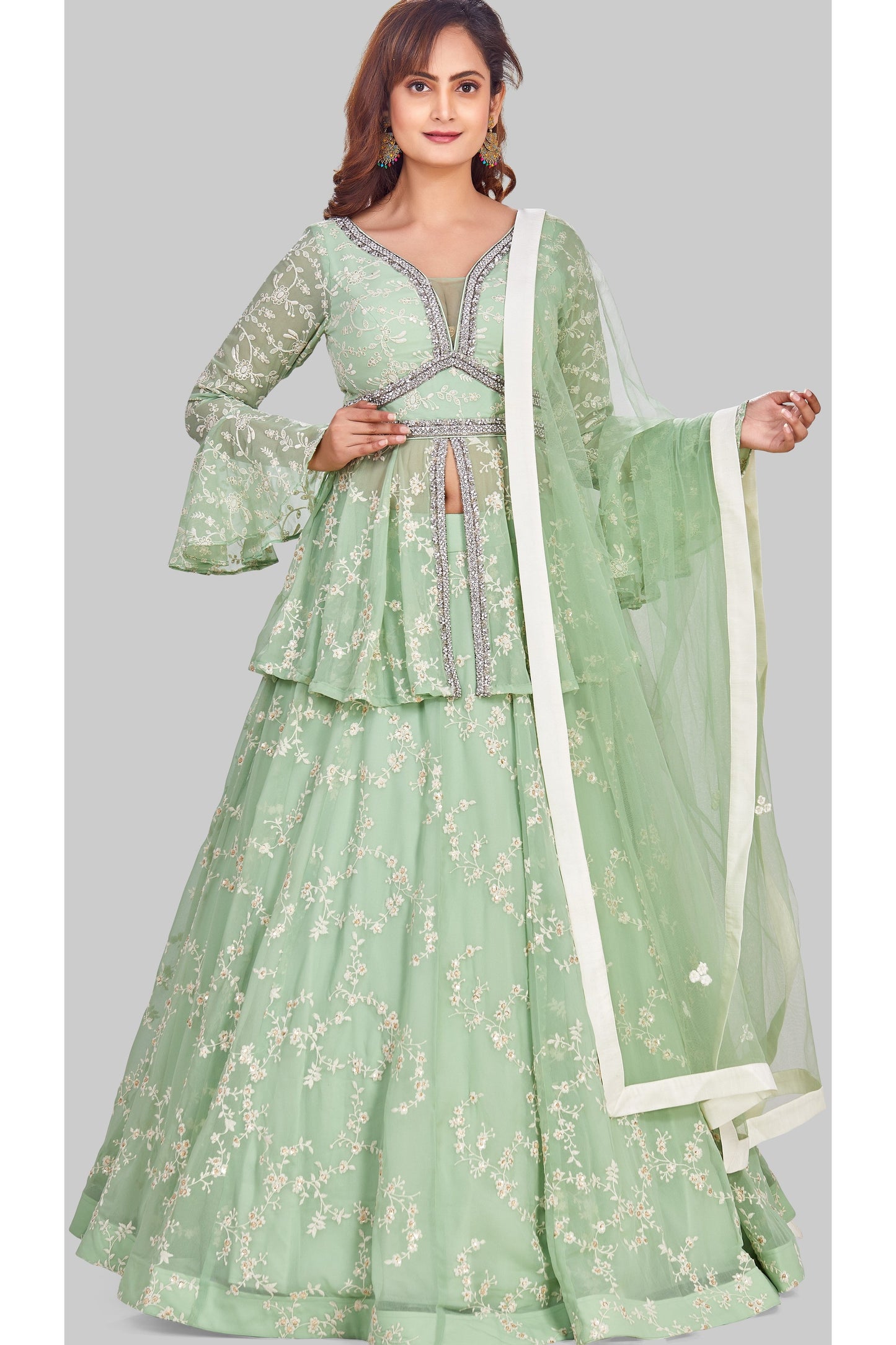 Mint Green Peplum Long Top Lehenga Set-AariAmi Boutique