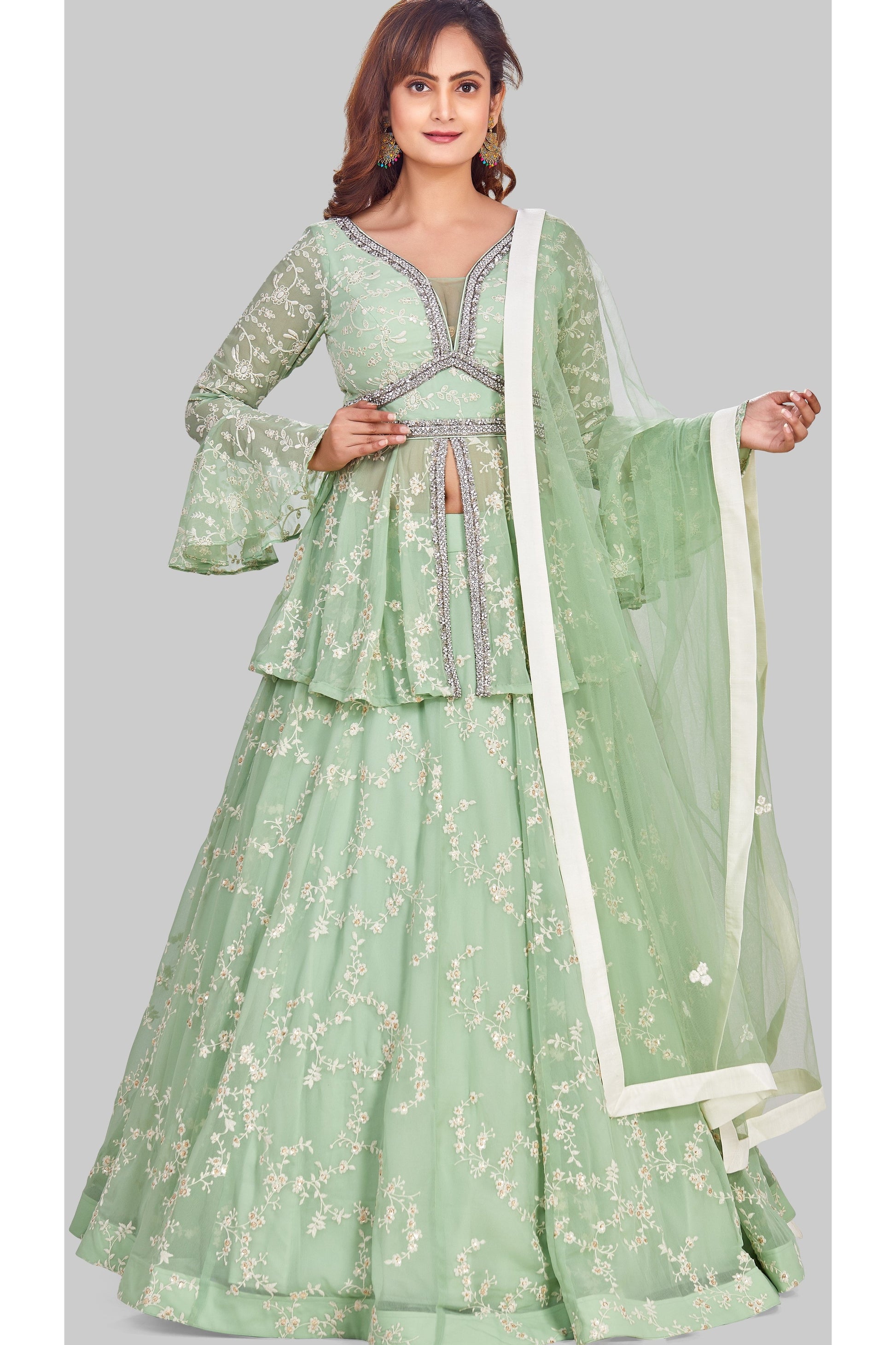 Mint Green Peplum Long Top Lehenga Set-AariAmi Boutique