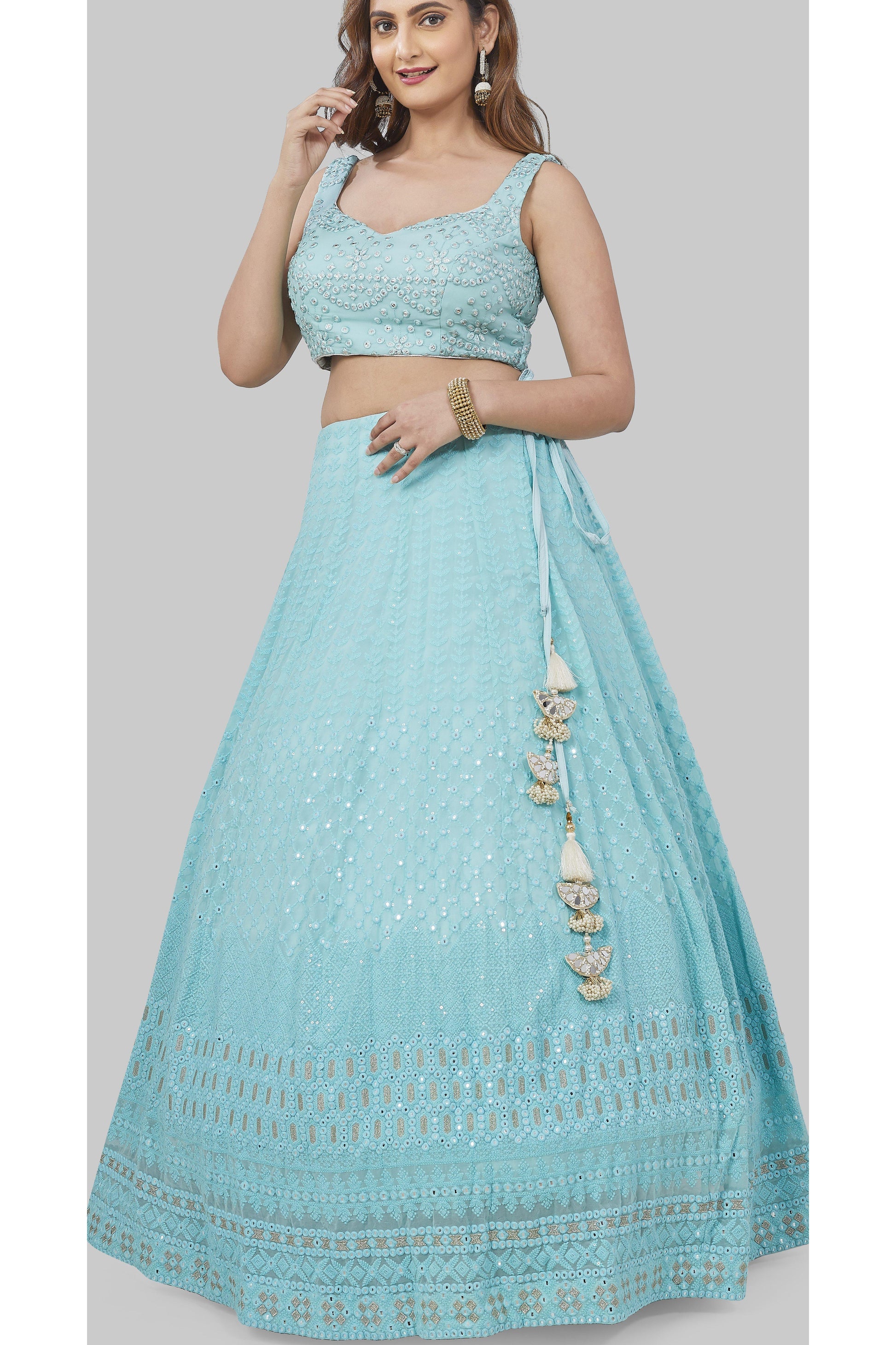 Monochrome Blue Lucknowi Embroidered Lehenga Set-AariAmi Boutique