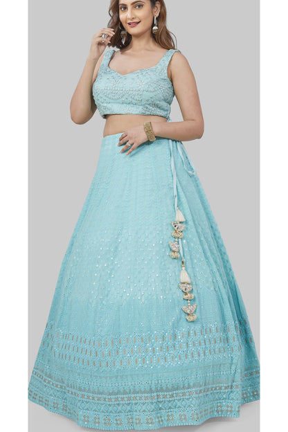 Monochrome Blue Lucknowi Embroidered Lehenga Set-AariAmi Boutique