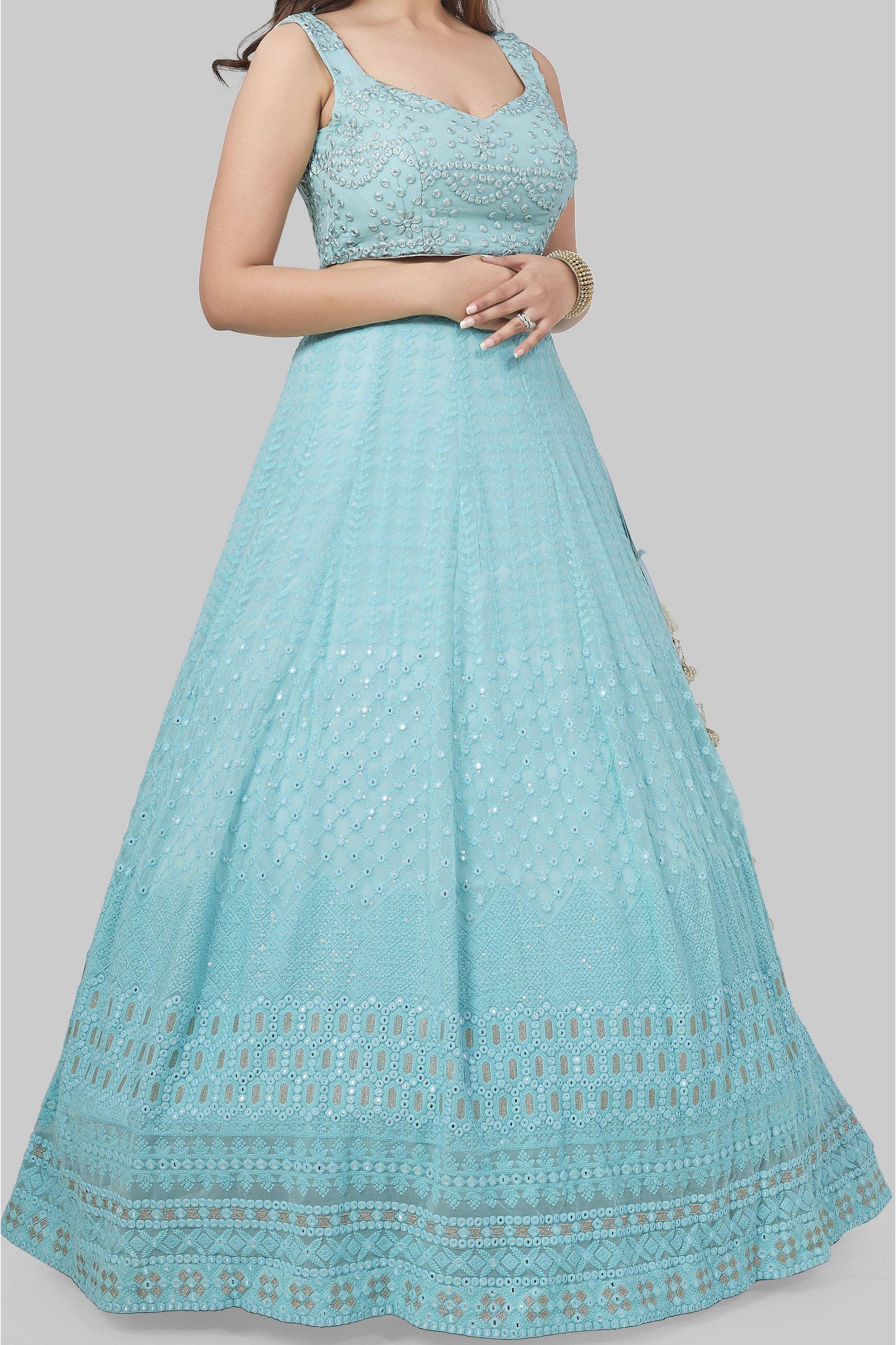 Monochrome Blue Lucknowi Embroidered Lehenga Set-AariAmi Boutique