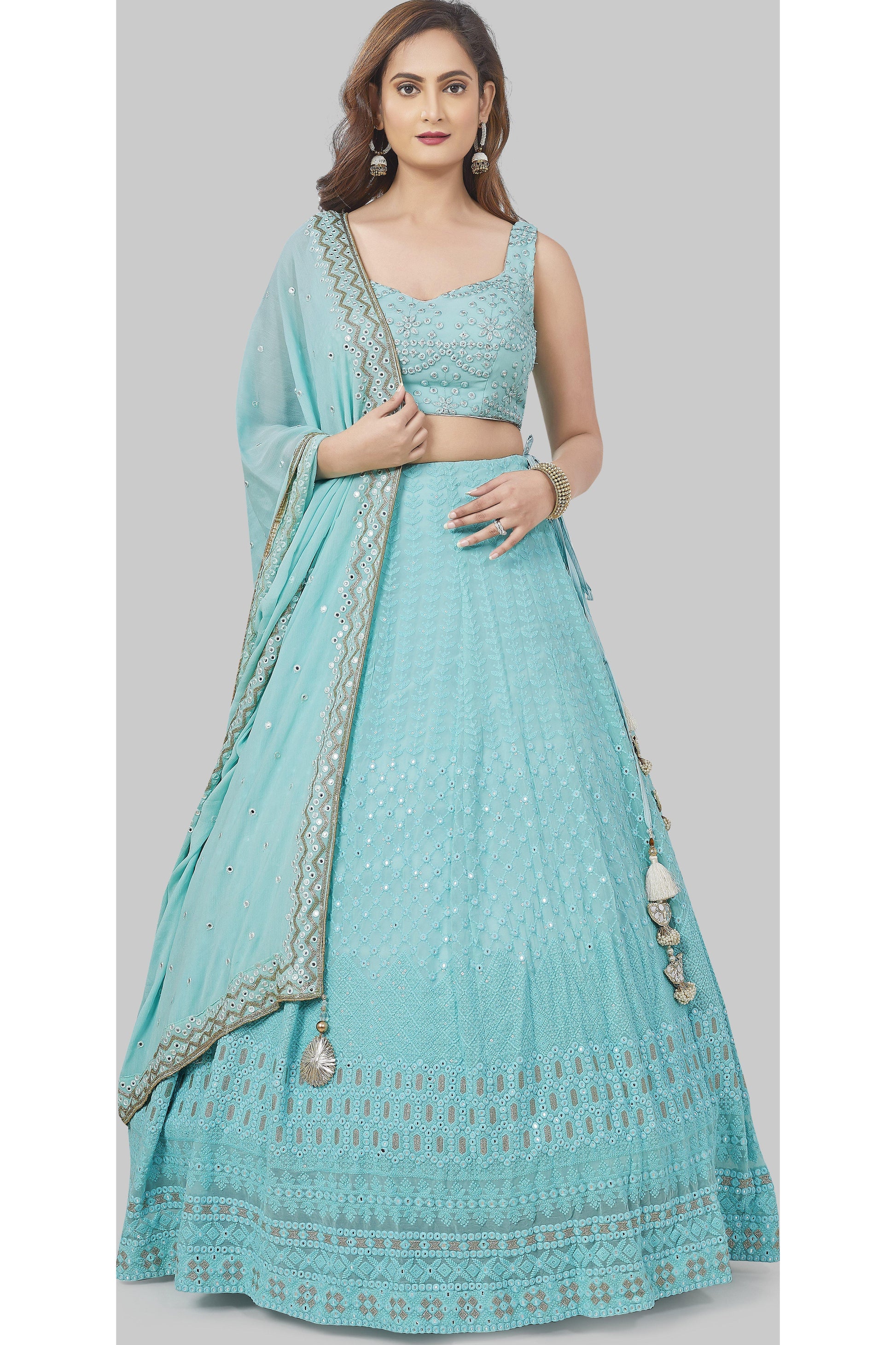 Monochrome Blue Lucknowi Embroidered Lehenga Set-AariAmi Boutique
