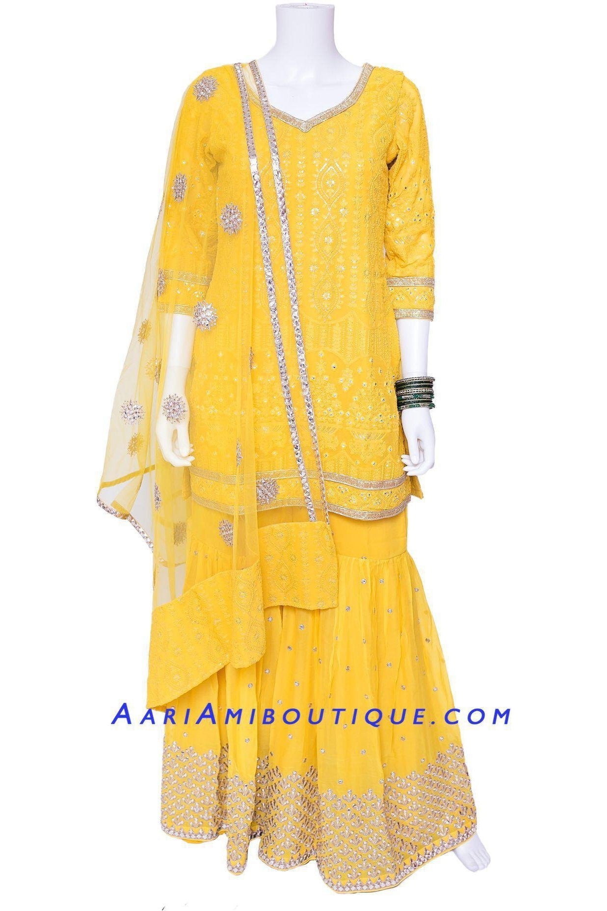 Mustard Yellow Lucknowi Embroidered Gharara Set-AariAmi Boutique