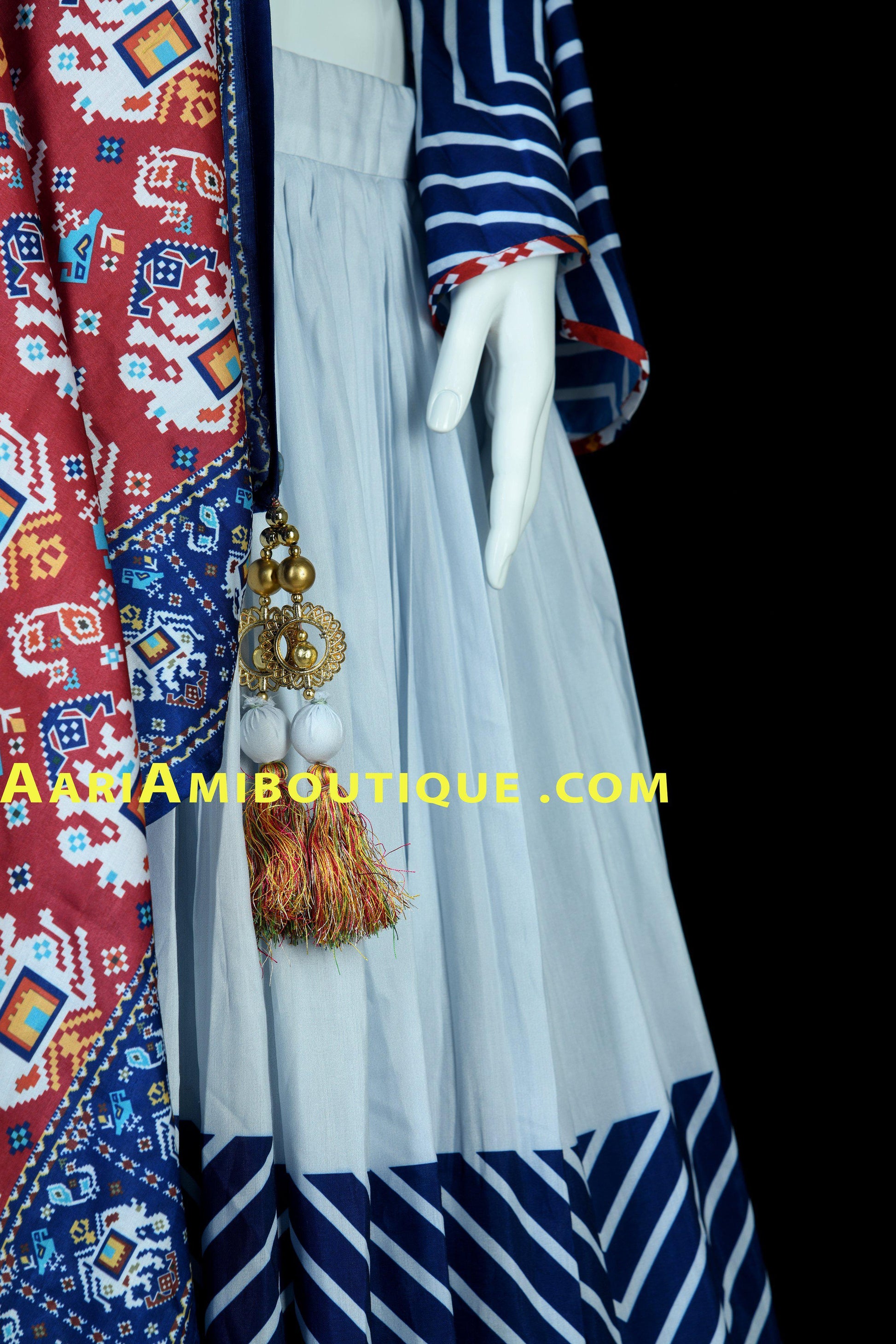 Off-White and Blue Embroidered Chaniya Choli Set-AariAmi Boutique