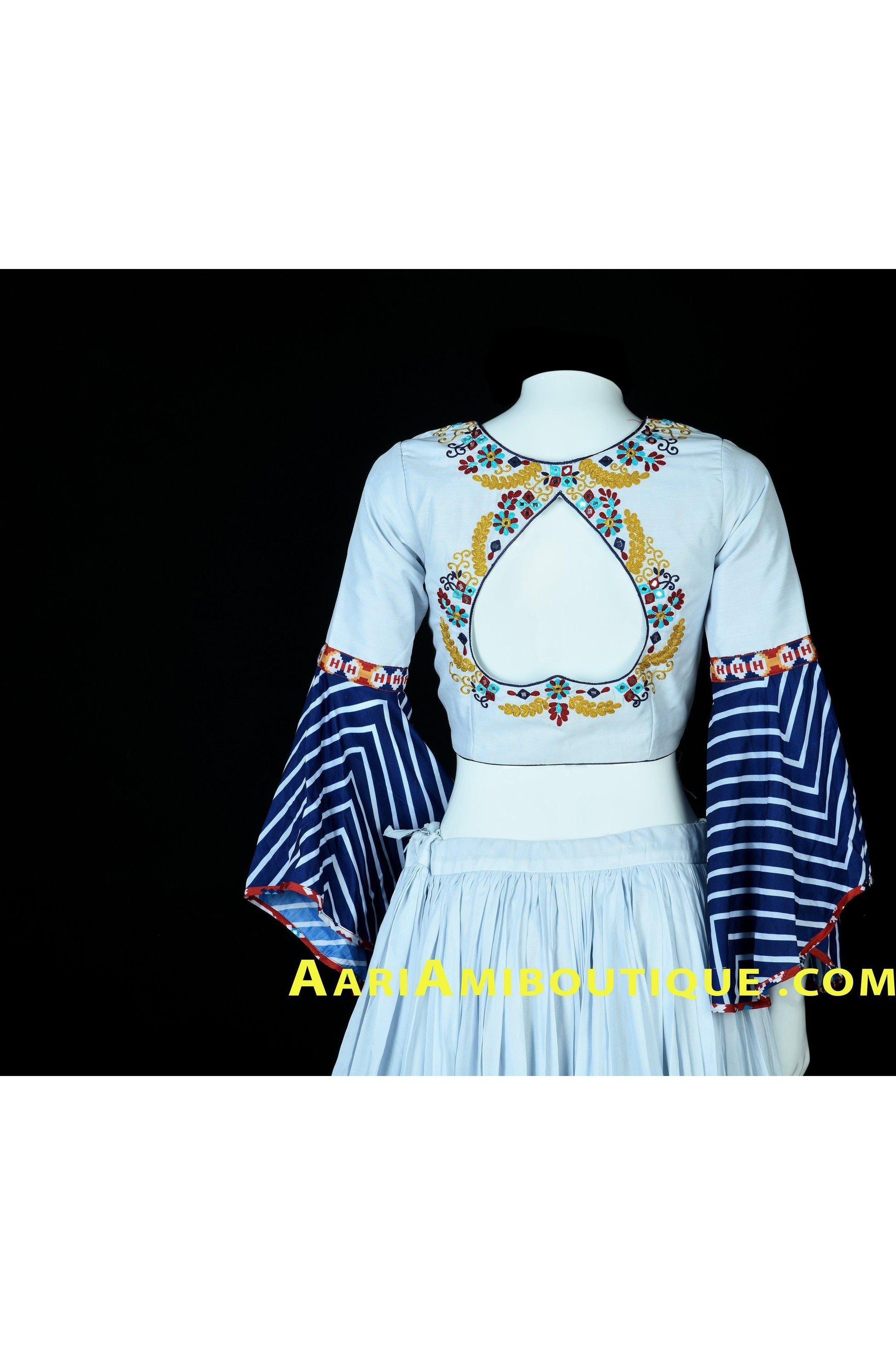 Off-White and Blue Embroidered Chaniya Choli Set-AariAmi Boutique