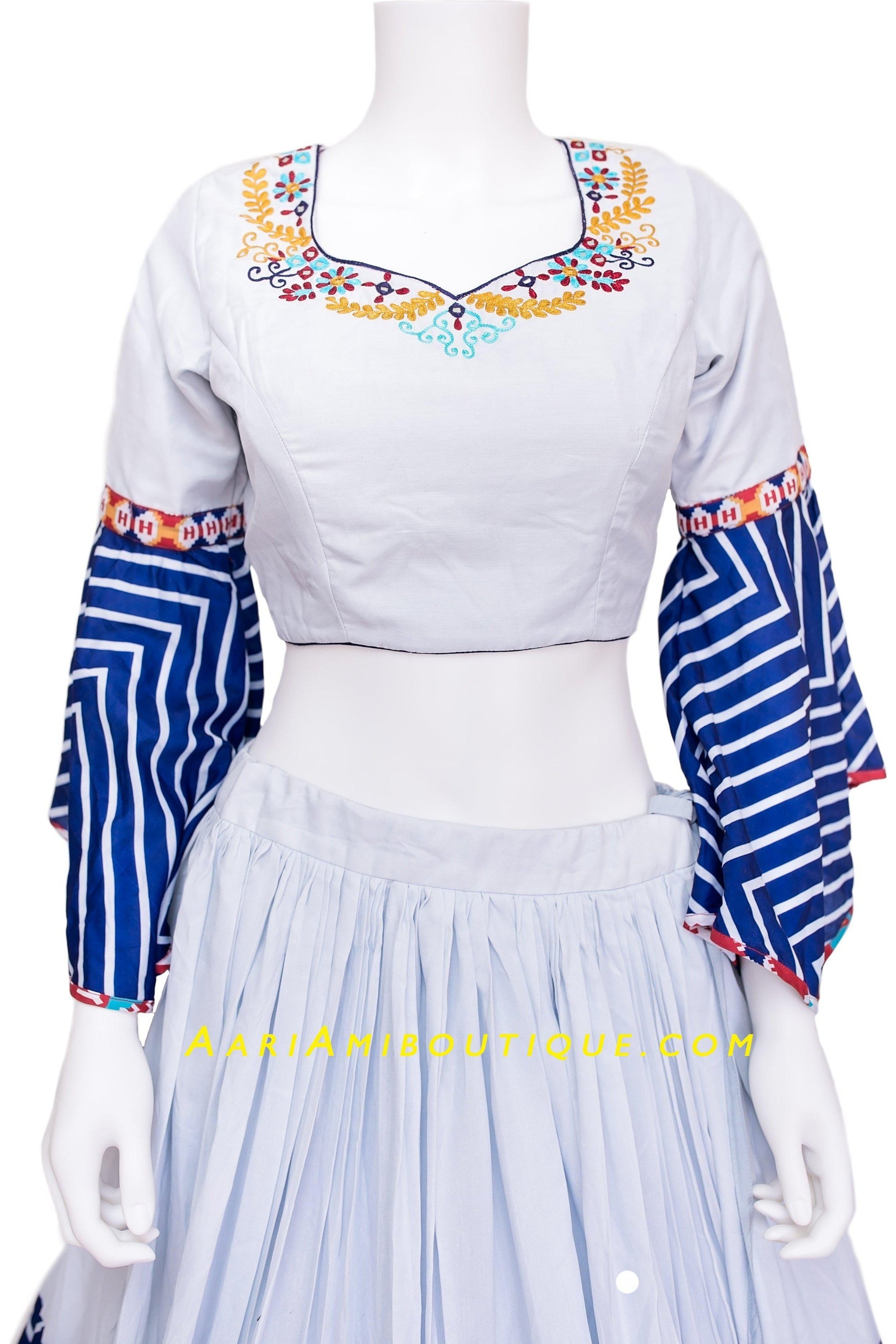 Off-White and Blue Embroidered Chaniya Choli Set-AariAmi Boutique