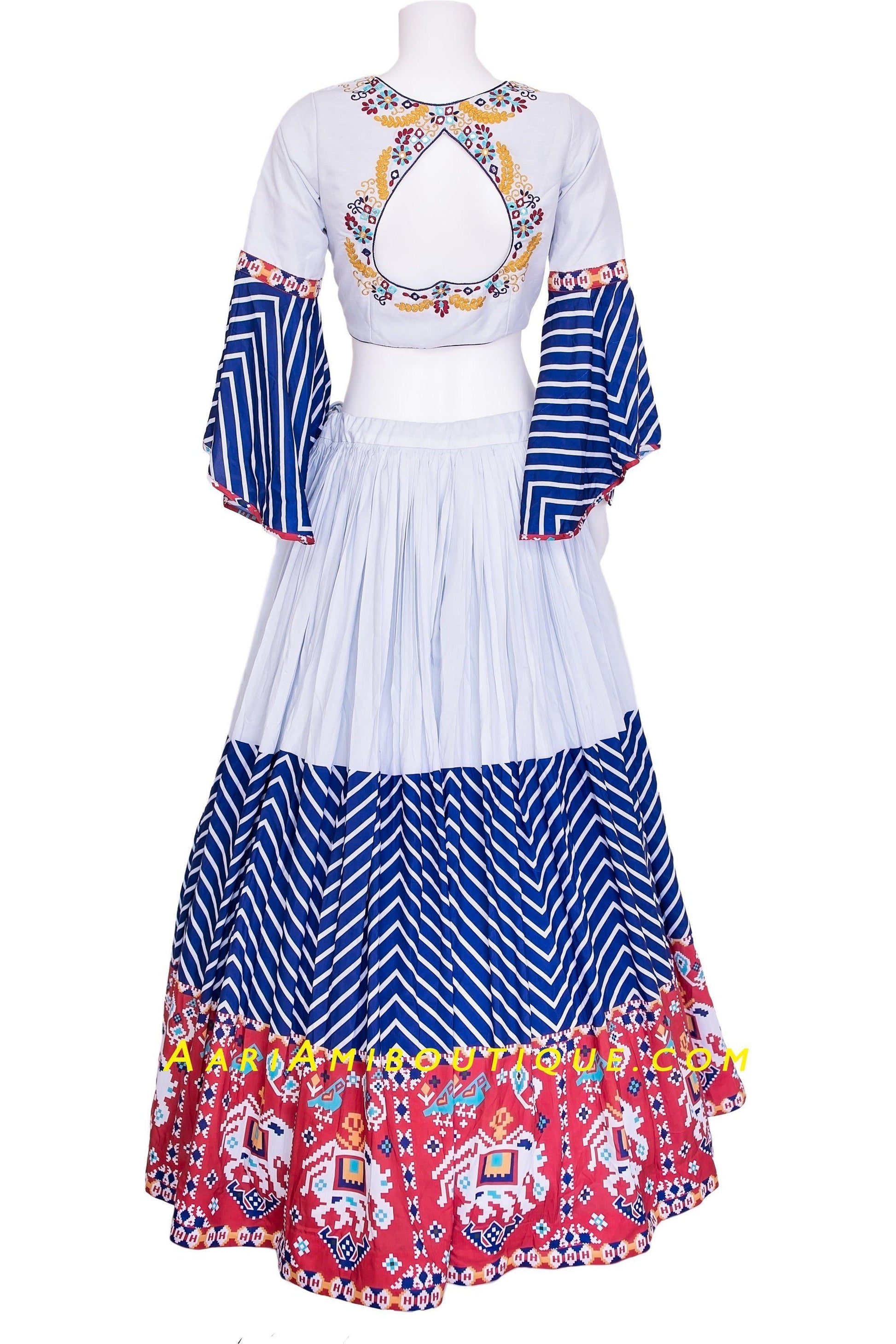 Off-White and Blue Embroidered Chaniya Choli Set-AariAmi Boutique