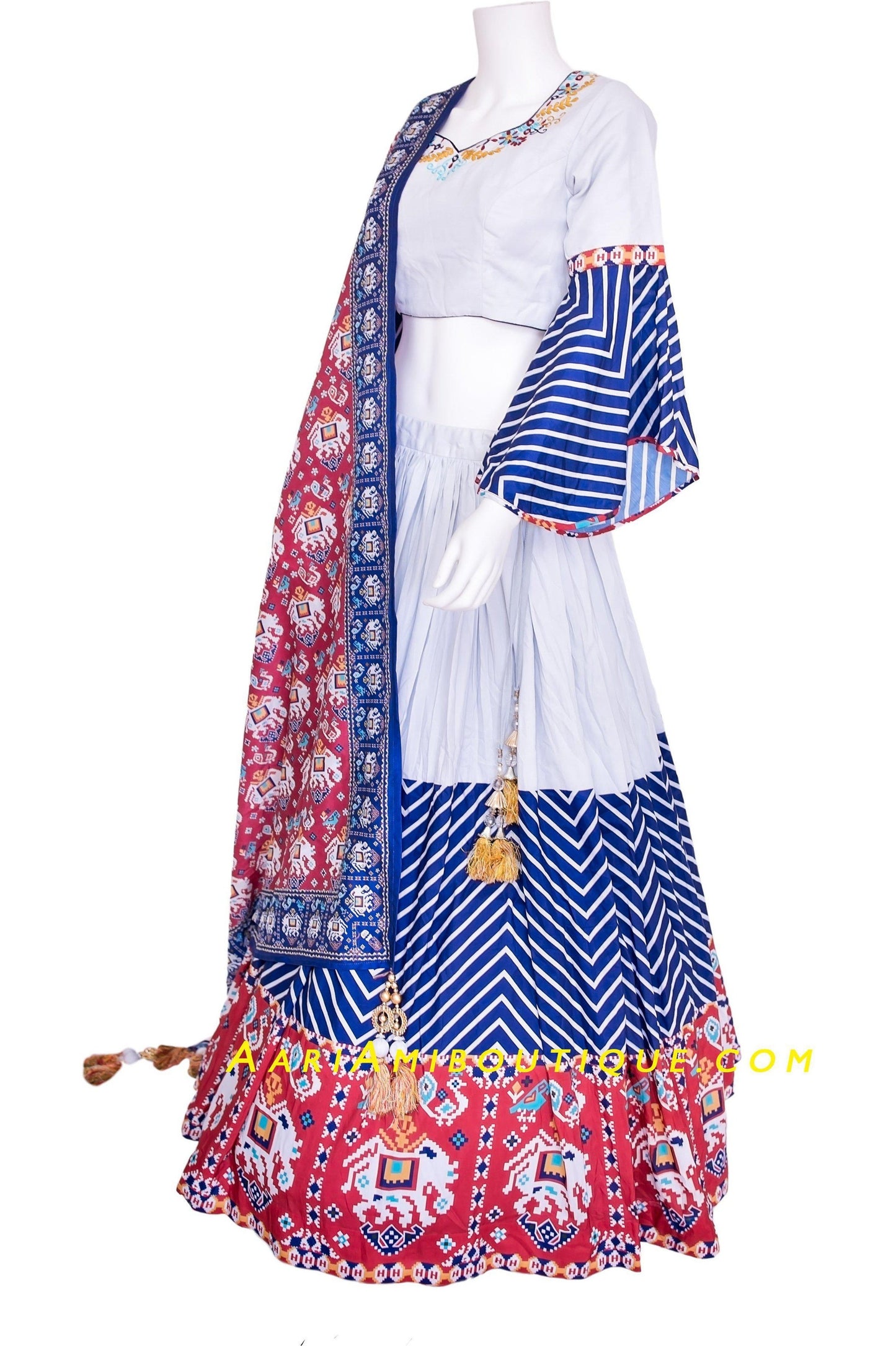Off-White and Blue Embroidered Chaniya Choli Set-AariAmi Boutique