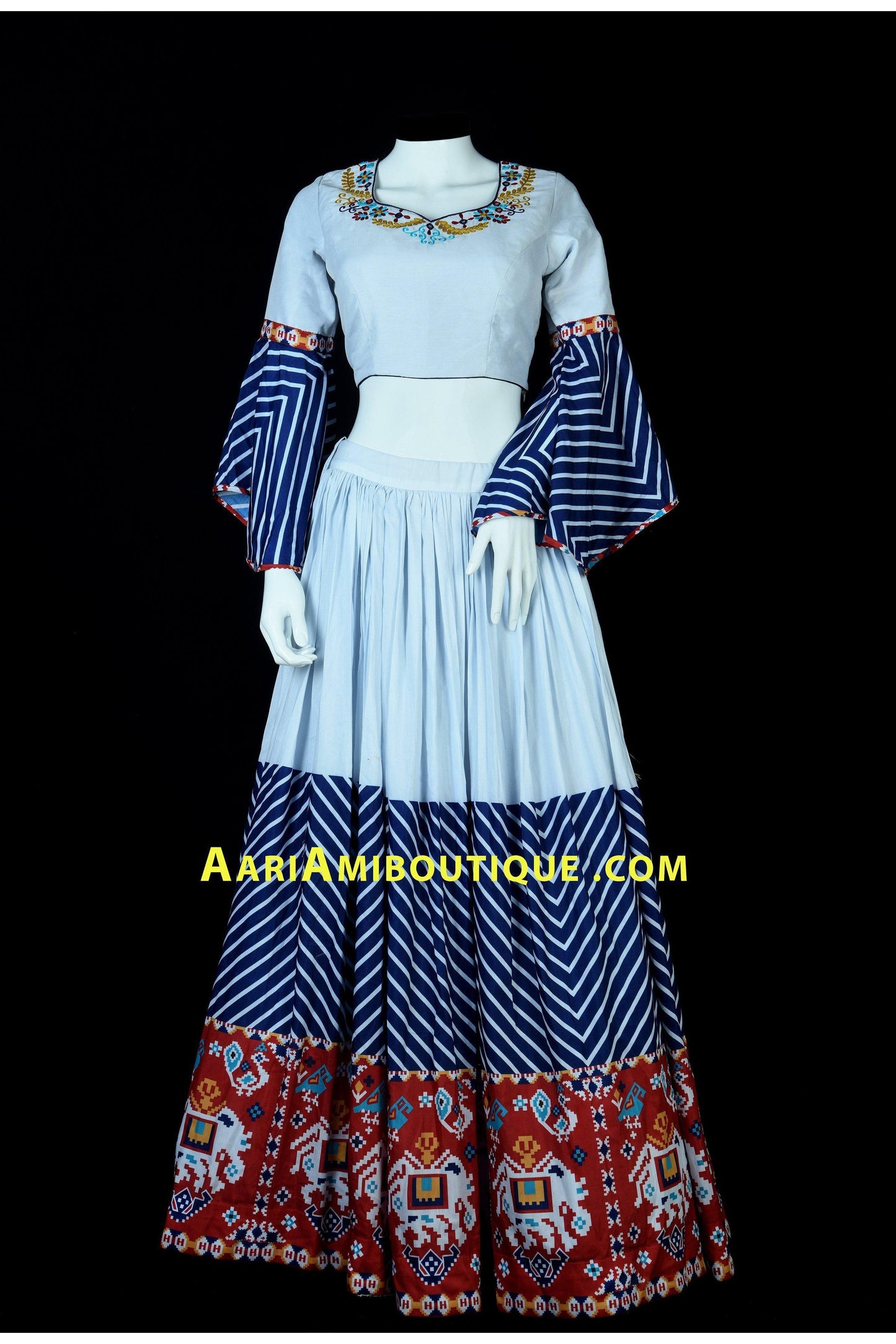 Off-White and Blue Embroidered Chaniya Choli Set-AariAmi Boutique