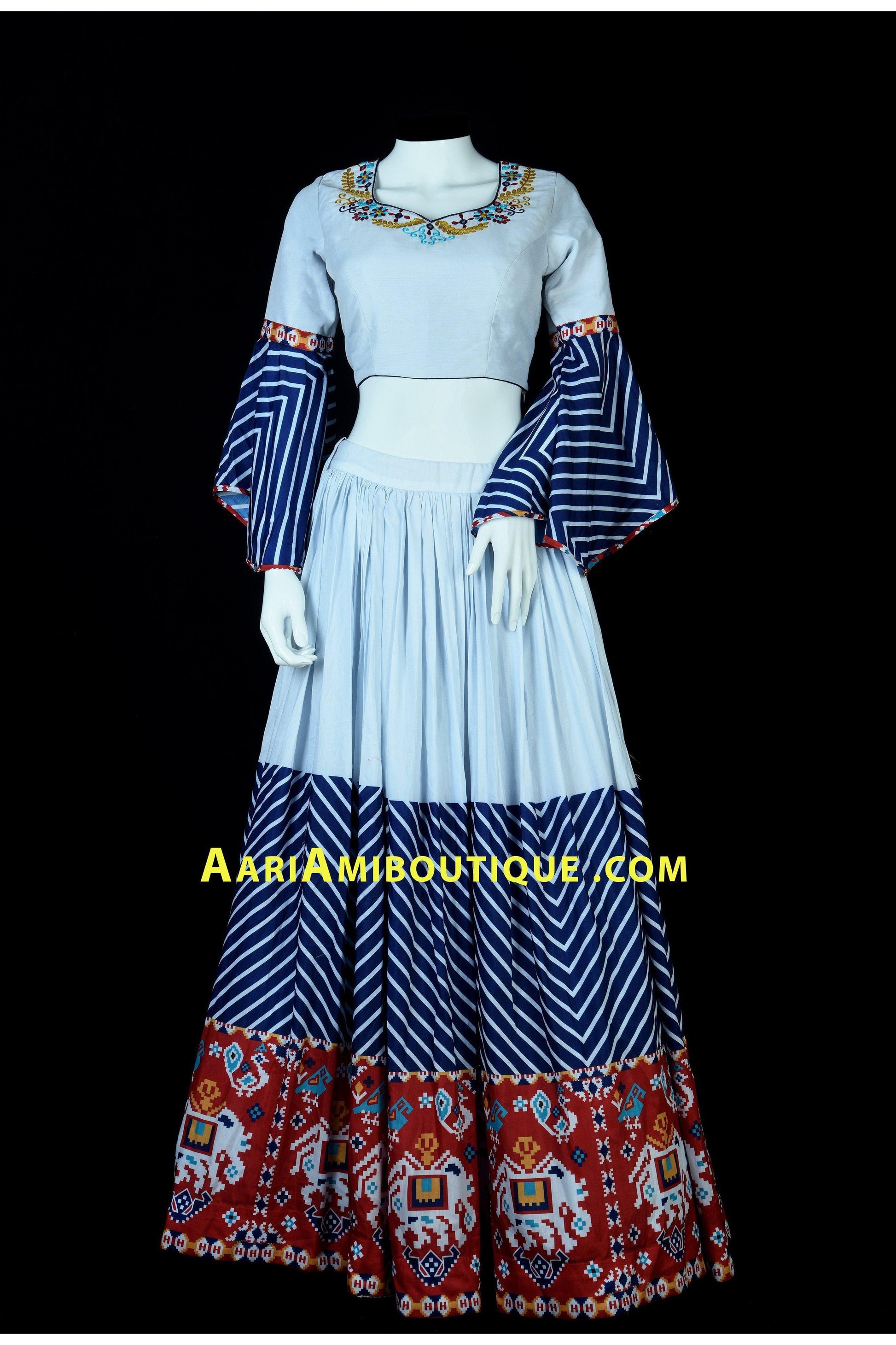 Off-White and Blue Embroidered Chaniya Choli Set-AariAmi Boutique